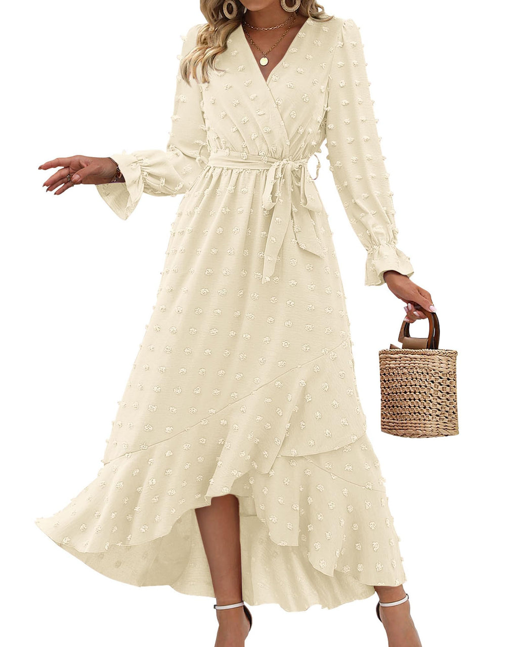 FreshPretty Long Sleeve Maxi Dresses for Women V Neck Swiss Dot Boho Flowy Slit Cocktail Wedding Guest Dress Fall Clothes