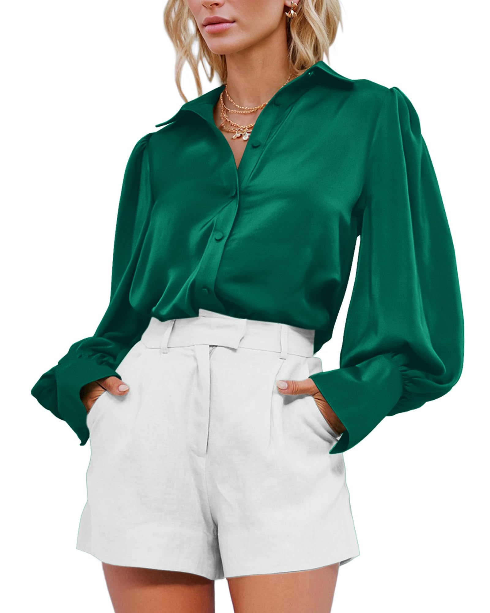 BTFBM Women Satin Blouses Summer Fall Clothes Button Down Lantern Long Sleeve Shirts Work Business Casual Dressy Tops