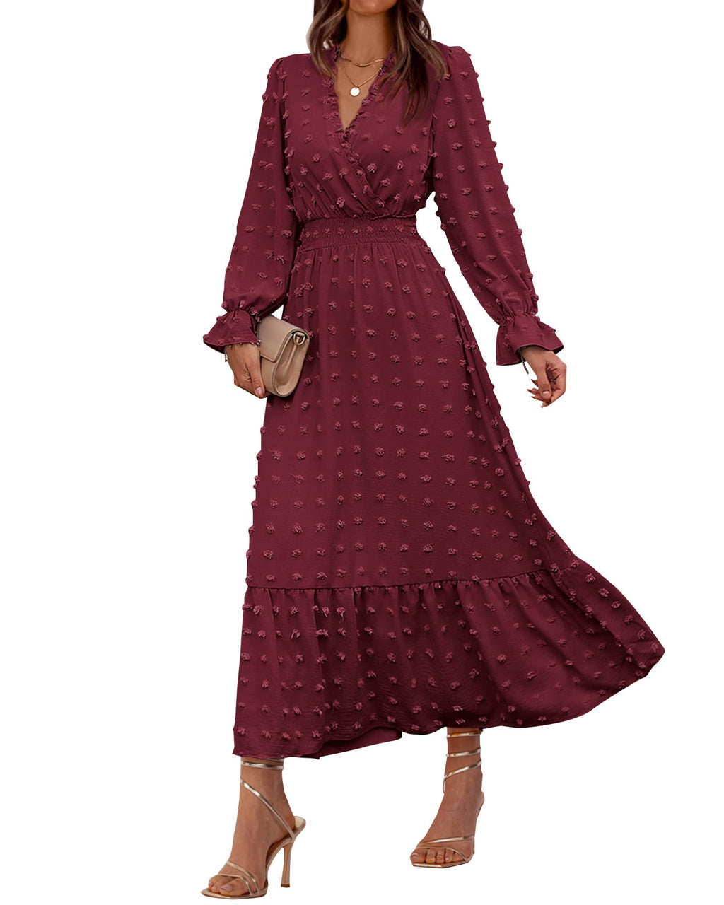FreshPretty Women Fall Maxi Dresses Long Sleeve V Neck Swiss Dots High Waisted A-Line Ruffle Boho Long Dress Vacation