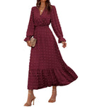 FreshPretty Women Fall Maxi Dresses Long Sleeve V Neck Swiss Dots High Waisted A-Line Ruffle Boho Long Dress Vacation