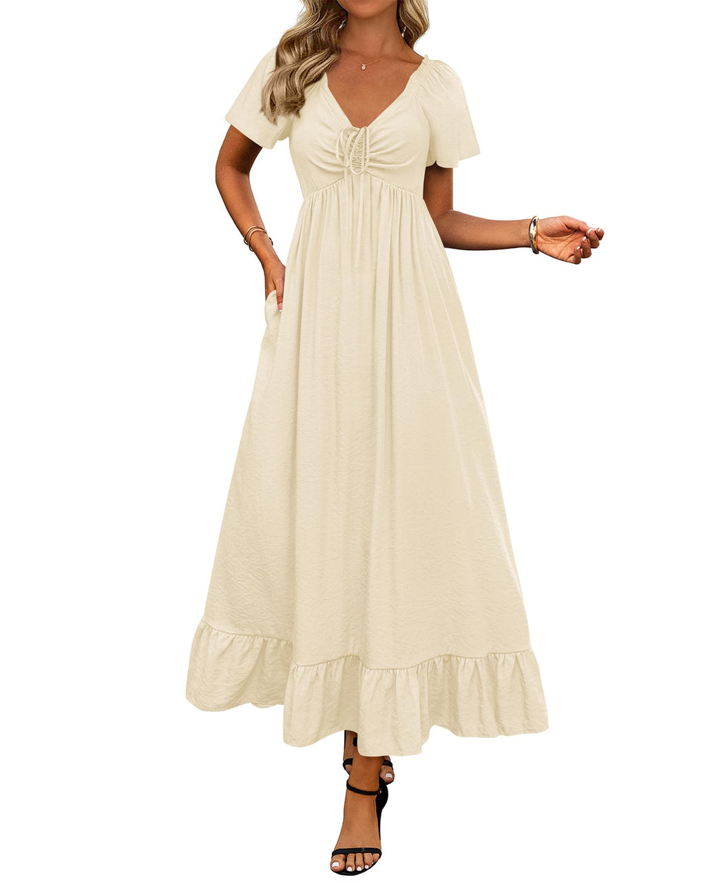 BTFBM Womens Spring Dresses Casual Short Sleeve V Neck Drawstring Wedding Guest Maxi Dresses Boho Beach Long Dress