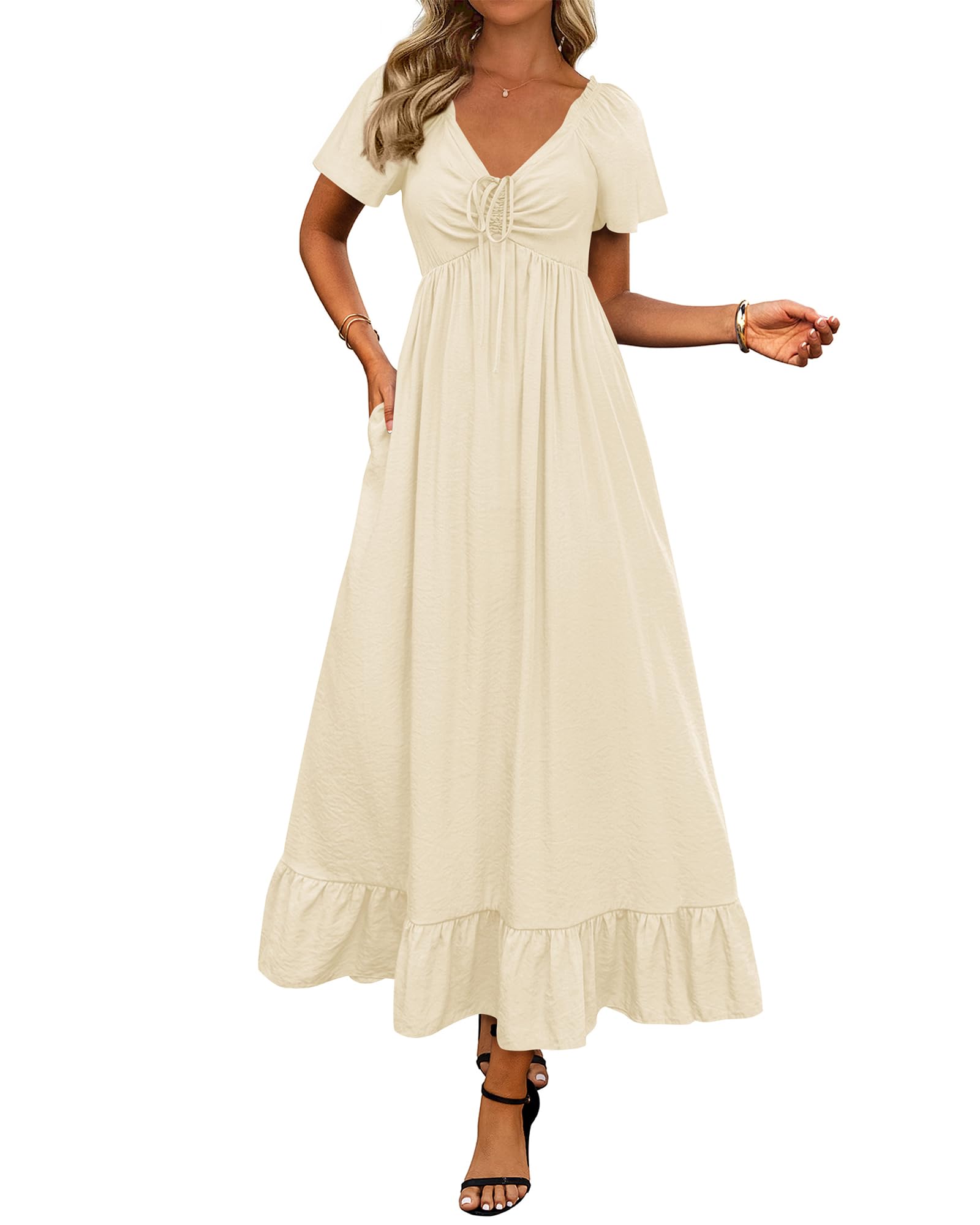 BTFBM Womens Spring Dresses Casual Short Sleeve V Neck Drawstring Wedding Guest Maxi Dresses Boho Beach Long Dress
