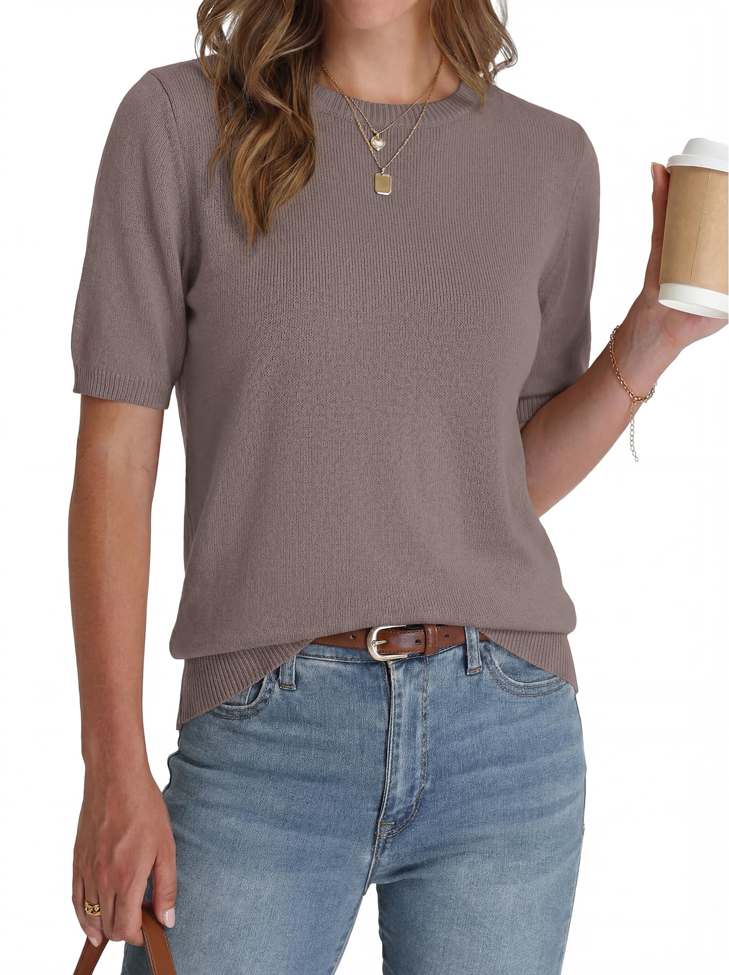 FreshPretty Short Sleeve Sweater for Women Spring Tops Crew Neck Lightweight Pullover Loose Dressy Casual Blouse Basic Clothes