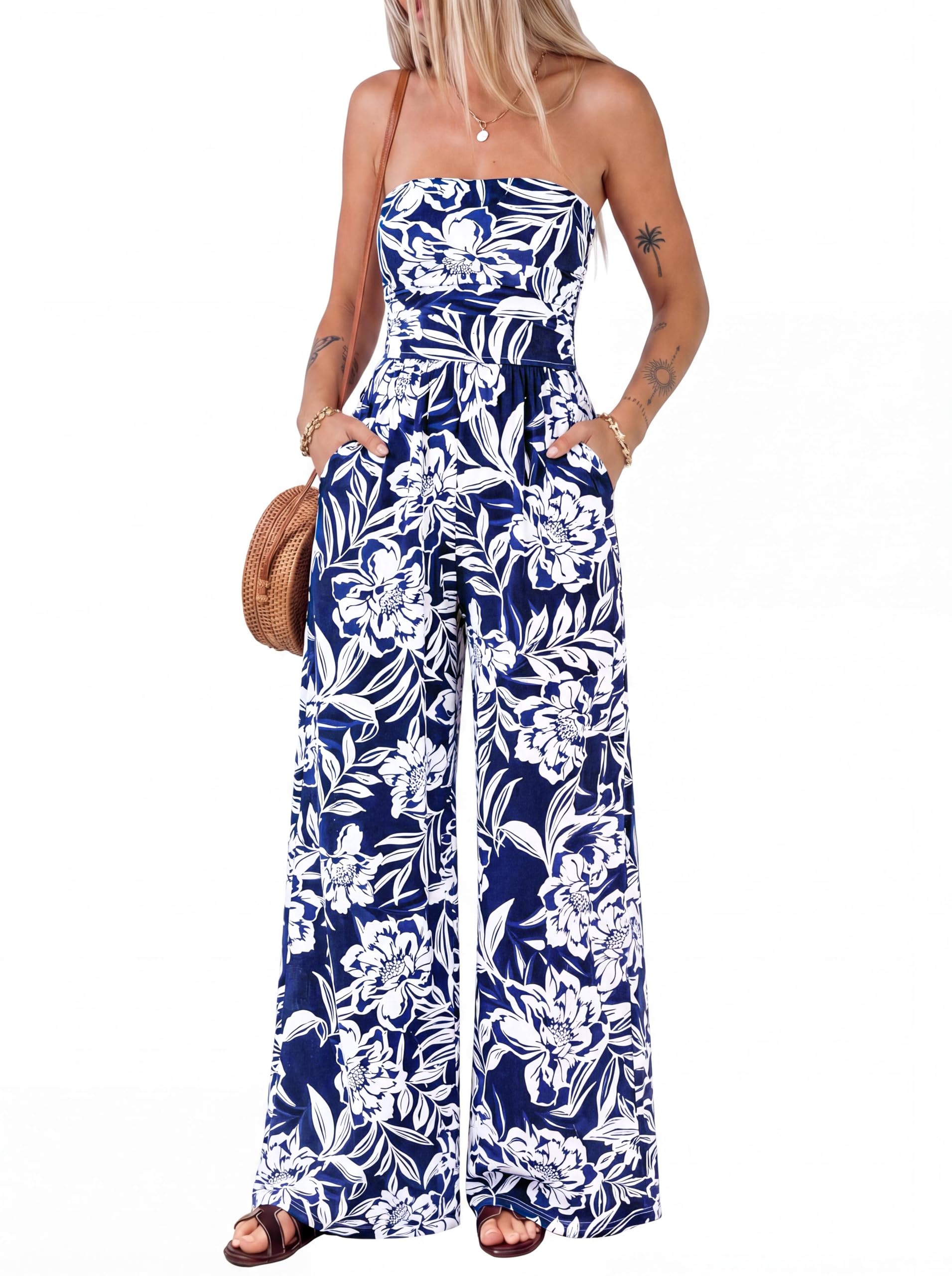 BTFBM Jumpsuits For Women Casual Floral Strapless Jumpsuit Wide Leg Rompers Beach Vacation Clothes Summer Outfits
