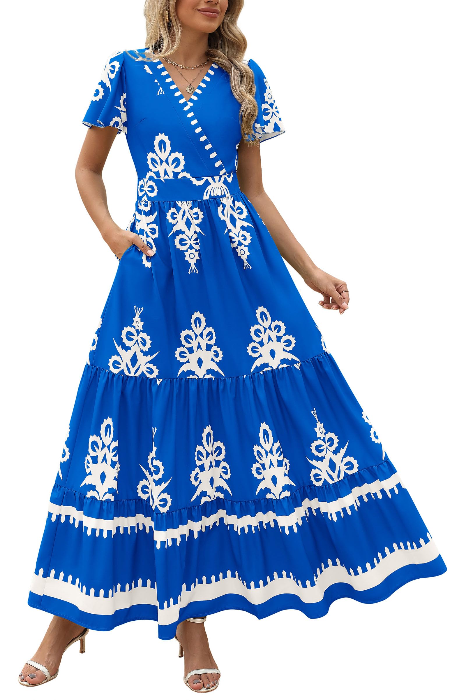 PRETTYGARDEN Womens Summer Casual V Neck Boho Maxi Dress Flowy Aline Bell Sleeve Tiered Floral Dresses with Pocket