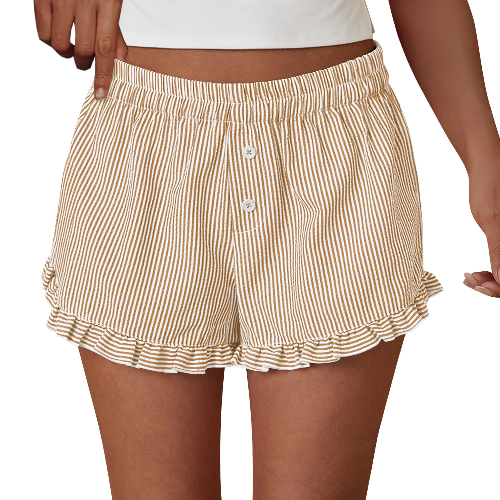 PRETTYGARDEN Womens Boxer Shorts Y2K Ruffle Pajama Summer Spring Lounge Sleep Striped Casual Beach Pj Bottoms Pockets