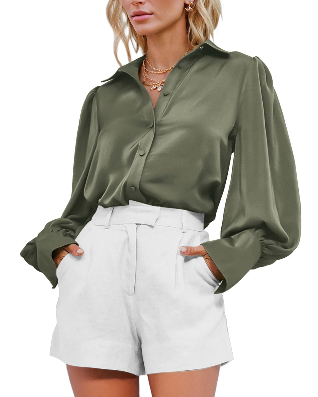 BTFBM Women Satin Blouses Summer Fall Clothes Button Down Lantern Long Sleeve Shirts Work Business Casual Dressy Tops