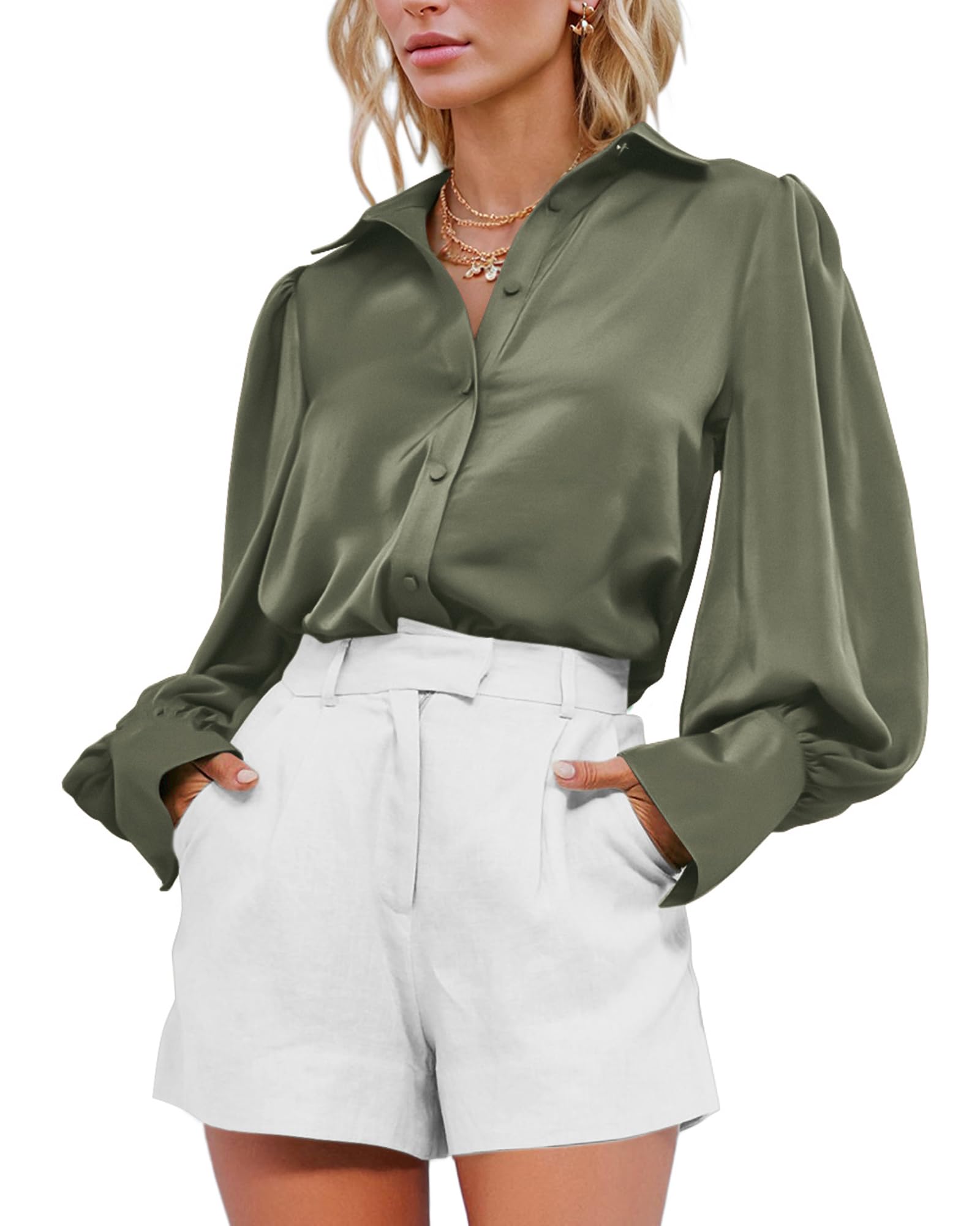 BTFBM Women Satin Blouses Summer Fall Clothes Button Down Lantern Long Sleeve Shirts Work Business Casual Dressy Tops