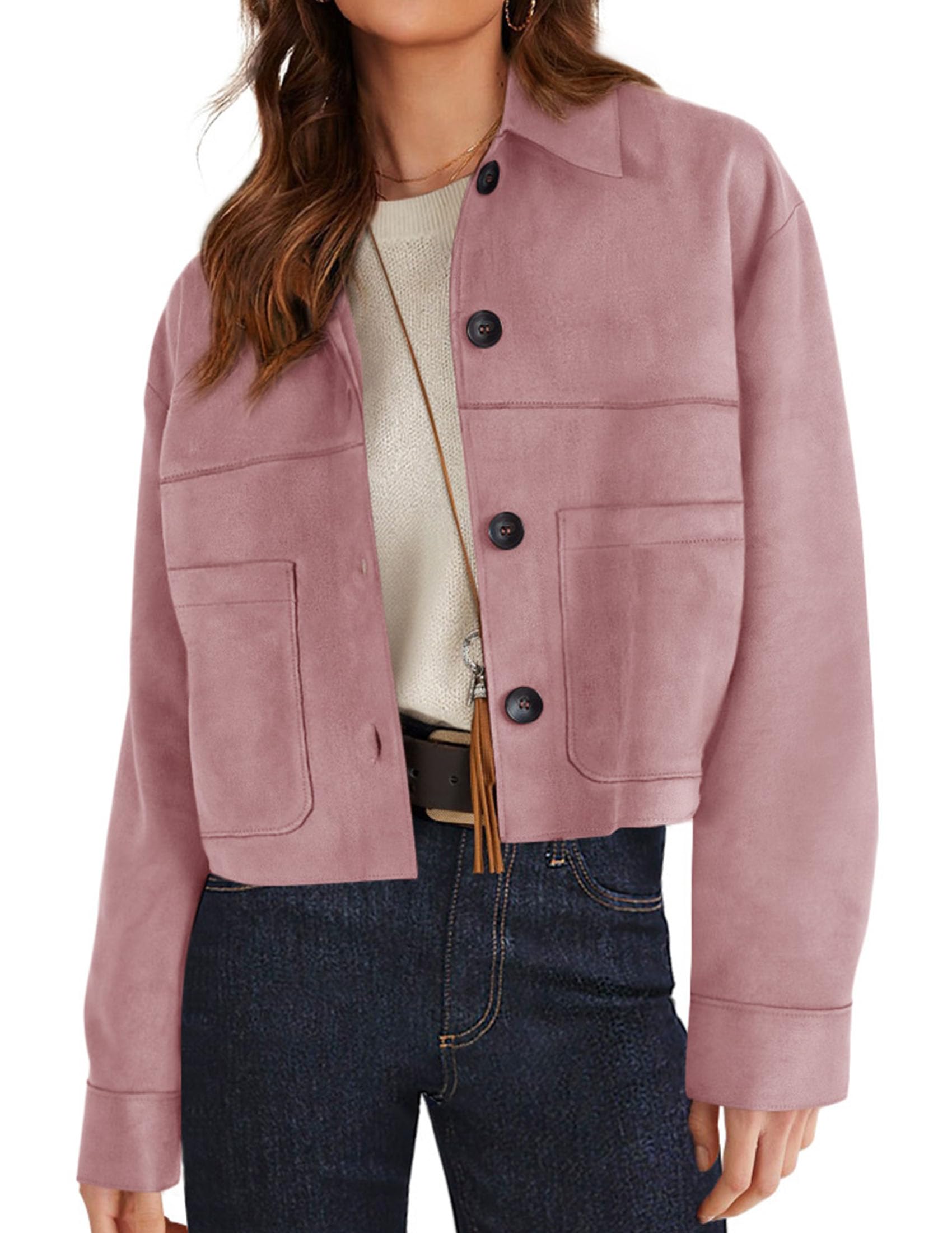 PRETTYGARDEN Women's Faux Suede Cropped Jacket Casual Lightweight Fall Fashion Winter Coats Outerwear Trendy Clothes