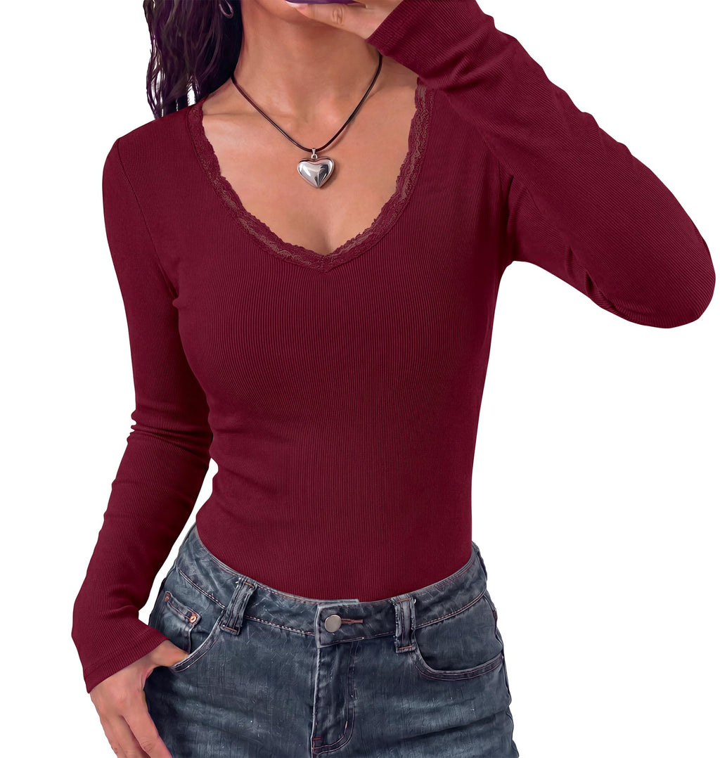 BTFBM Lace Deep V Neck Fitted Long Sleeve Shirts for Women | Womens Fall Fashion, Casual T Shirt, Base Layer, Basic Undershirts, Slim Fit Going Out Tops, Date Night Out Outfits