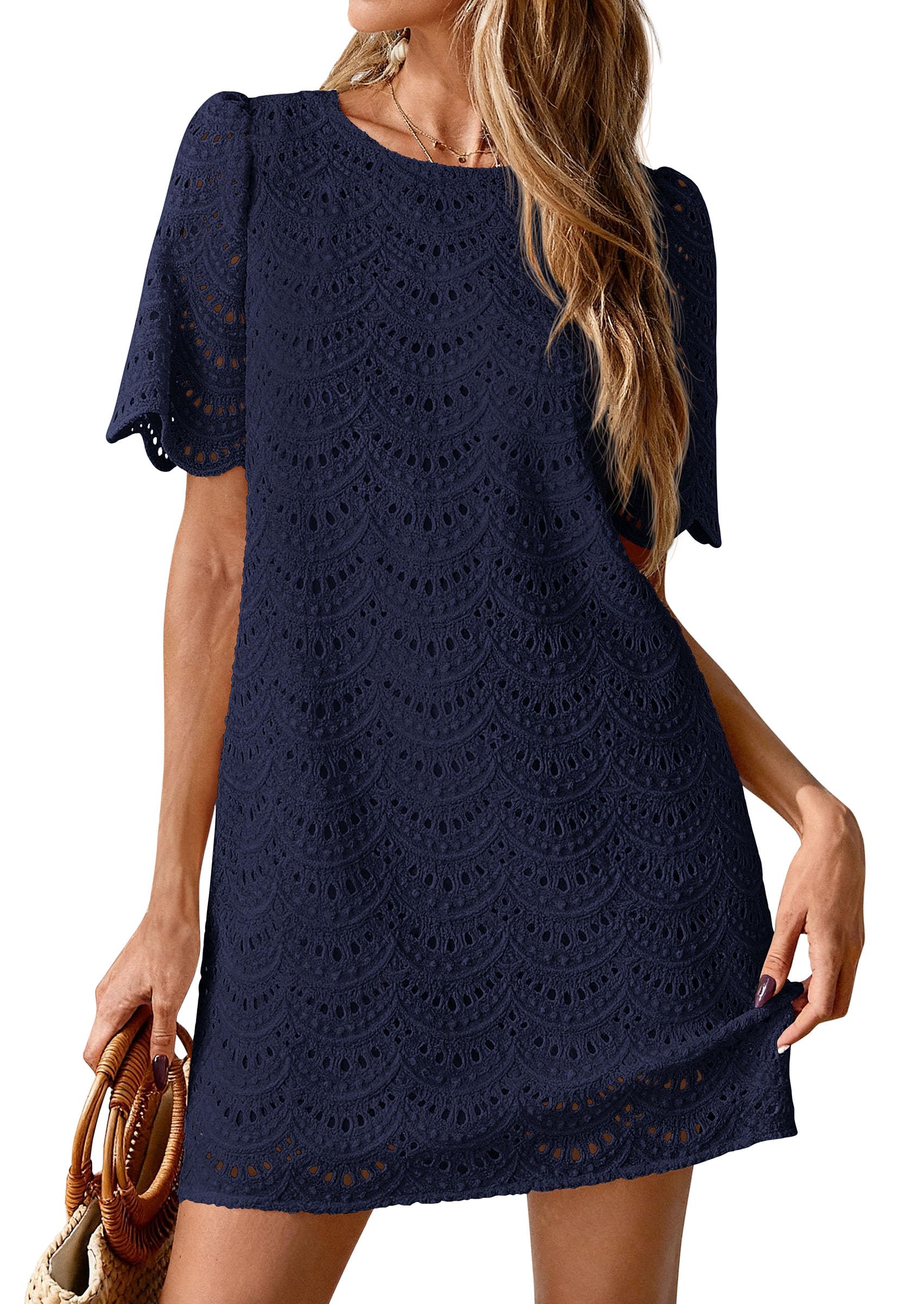PRETTYGARDEN Women's Summer Casual Short Dresses Embroidered Lace Short Sleeve Boho Mini Dress Beach Vacation Clothes