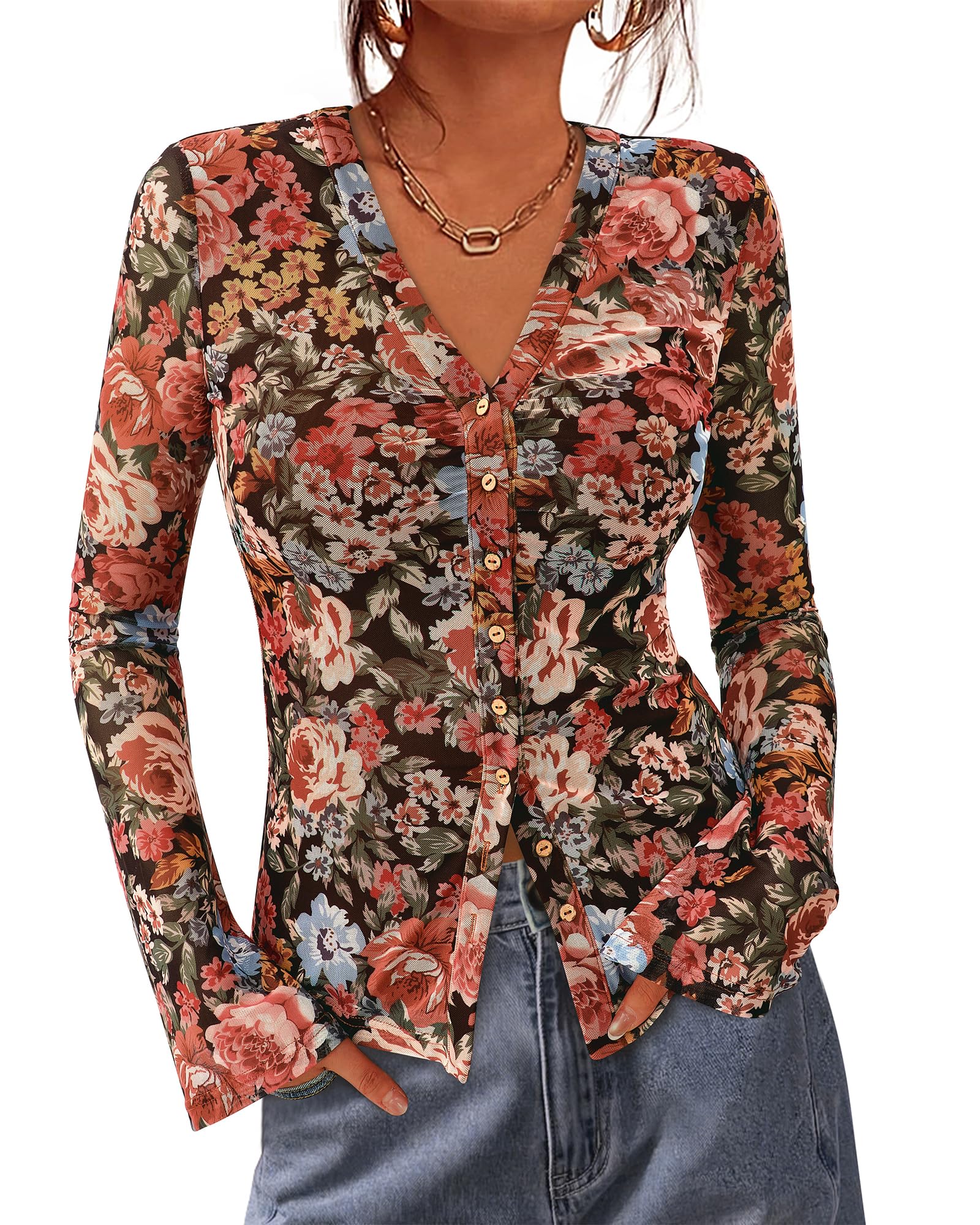 BTFBM Button Down Shirts for Women Spring Boho Tops V Neck Long Sleeve Blouses Ruched Mesh Fitted Fall Fashion