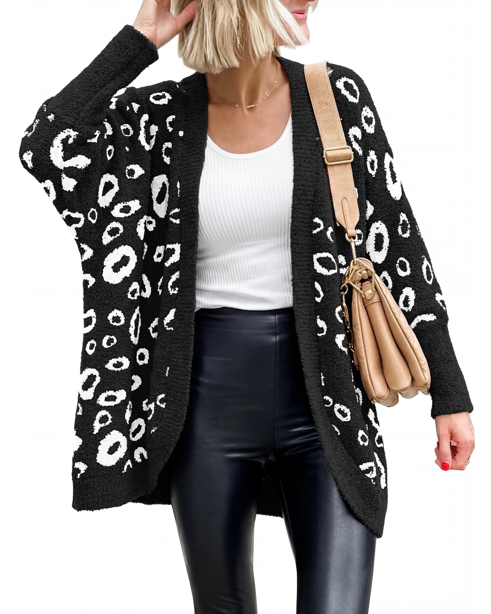 BTFBM Leopard Cardigan for Women Long Sleeve Open Front Cardigans Sweaters Pockets Loose Knit Fall Spring Outwear