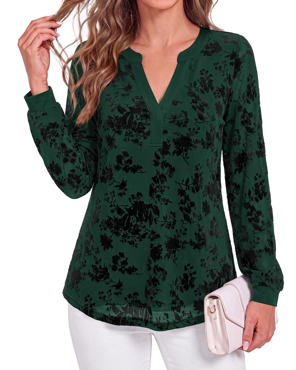 BTFBM Womens Tops Floral Sheer Mesh Long Sleeve Blouses Dressy Casual V Neck Flocked Mesh Shirts,Velvet-Like Flowers,Double Layered,Loose Fit Tunics,Business Casual Top,Fall Fashion Clothing