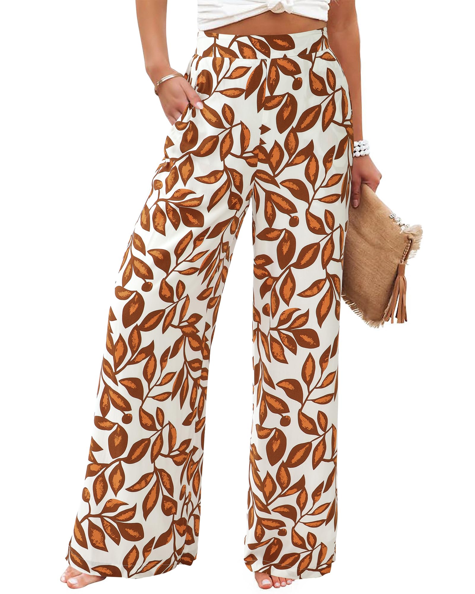 FreshPretty Womens Wide Leg Summer Pants Boho Beach Vacation Loose Elastic Waist Printed Palazzo Pant Pockets