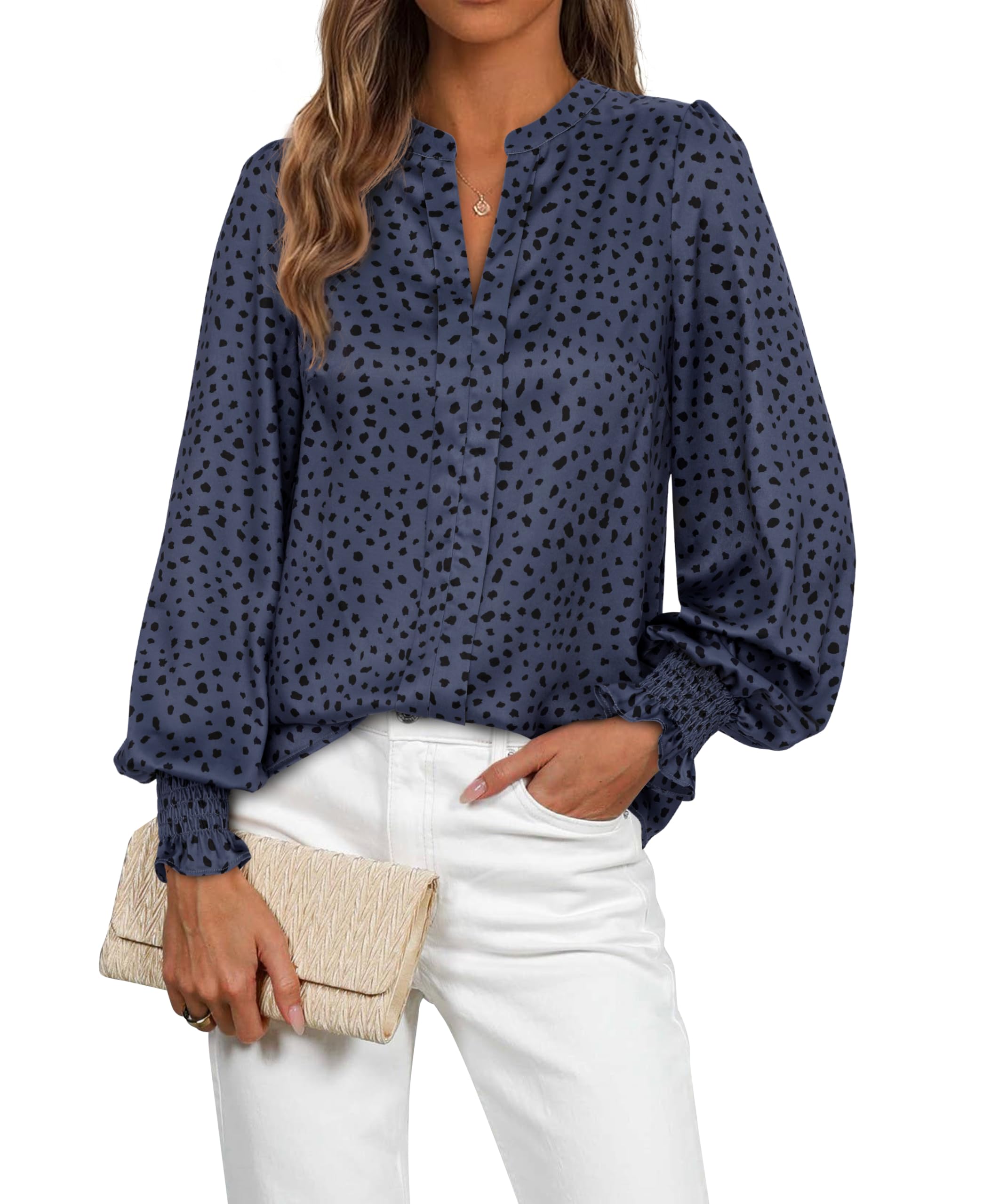 FreshPretty Womens Boho Floral Long Sleeve Tops Fall Fashion V Neck Loose Chiffon Work Blouses Dressy Casual Ruffle Shirts