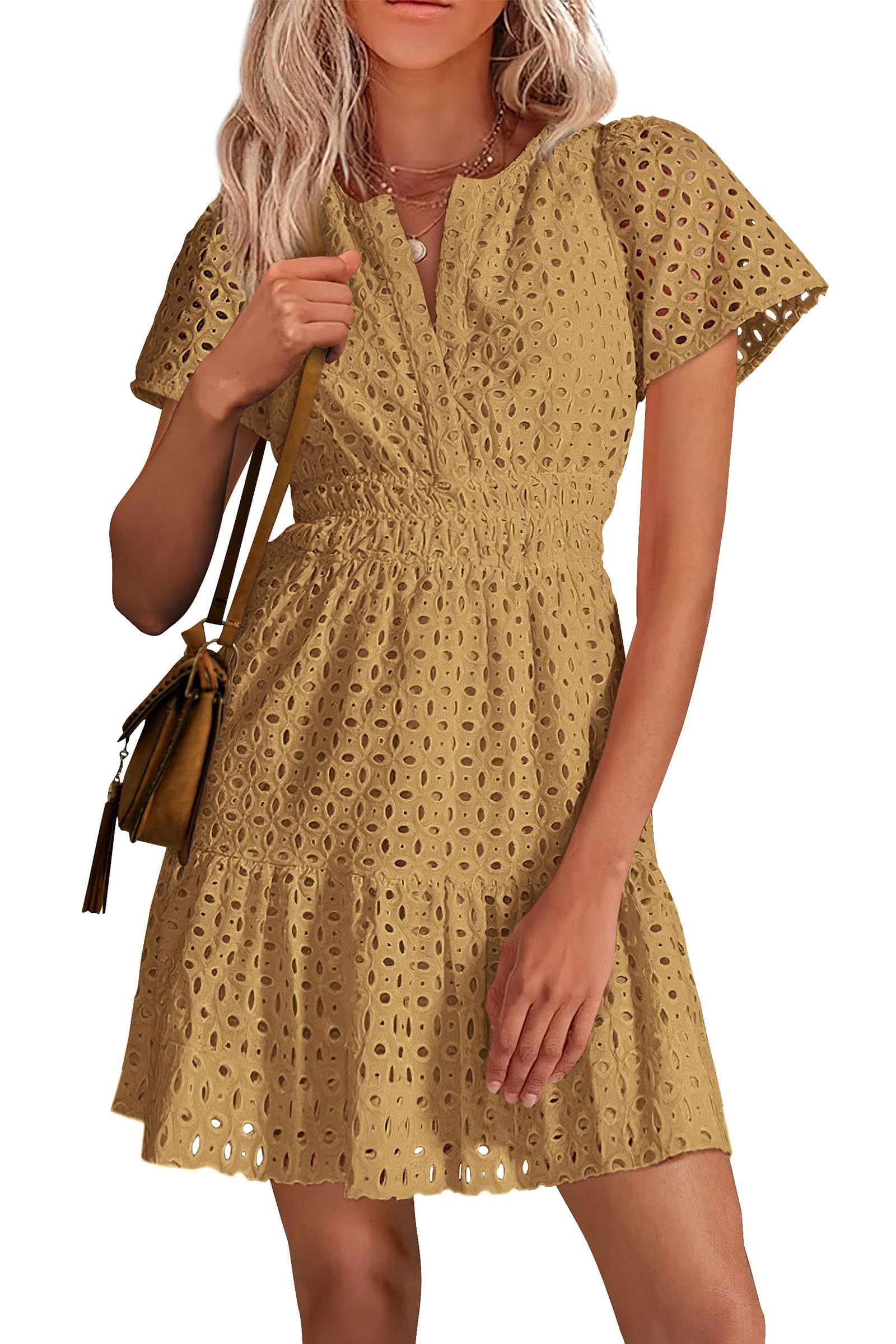 PRETTYGARDEN Womens Summer Short Dress V Neck Short Sleeve A Line Hollow Out Lace Ruffle Cute Casual Beach Party Dresses