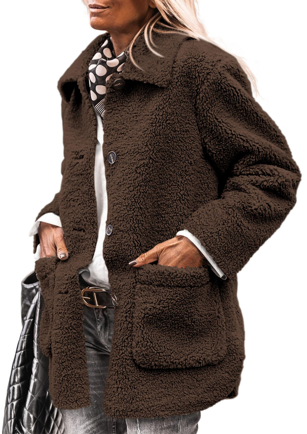 PRETTYGARDEN Women's Winter Faux Fur Coats Long Sleeve Lapel Button Down Pockets Fleece Sherpa Jacket Casual Trendy Outerwear