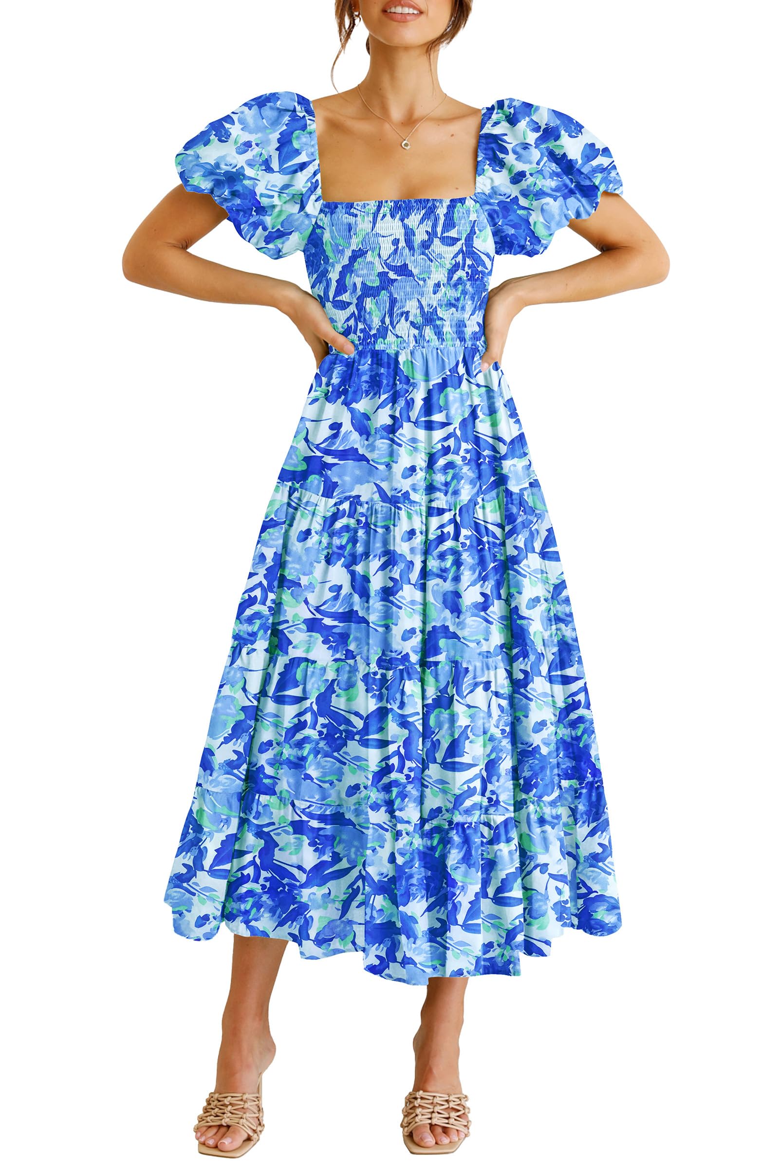 PRETTYGARDEN Women's Casual Summer Midi Dress Puffy Short Sleeve Square Neck Smocked Tiered Ruffle Dresses