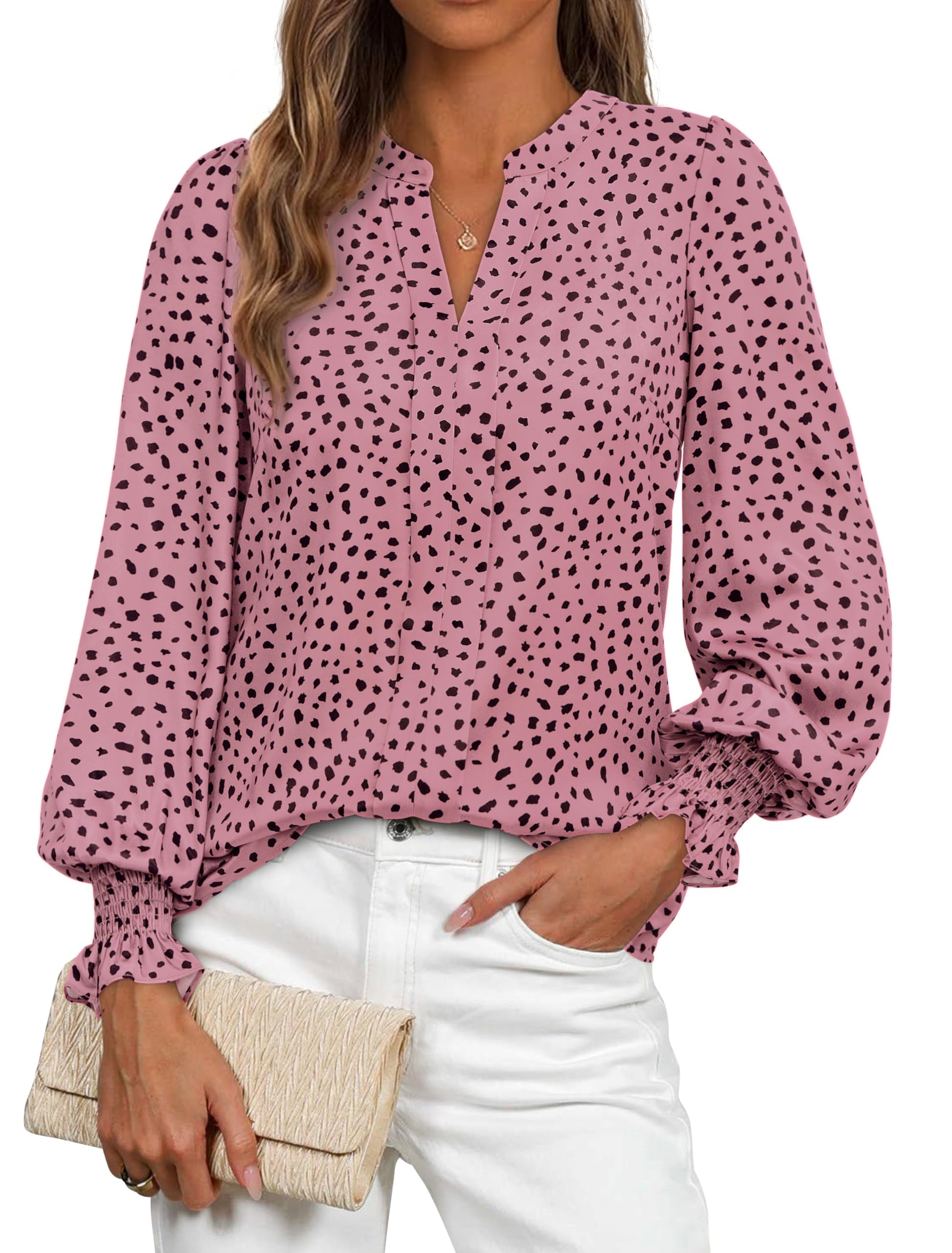 FreshPretty Womens Boho Floral Long Sleeve Tops Fall Fashion V Neck Loose Chiffon Work Blouses Dressy Casual Ruffle Shirts