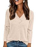 PRETTYGARDEN Women's Long Sleeve Shirts Fall Fashion Clothes Casual Ribbed V Neck Loose Tunic Tops Lightweight Sweaters