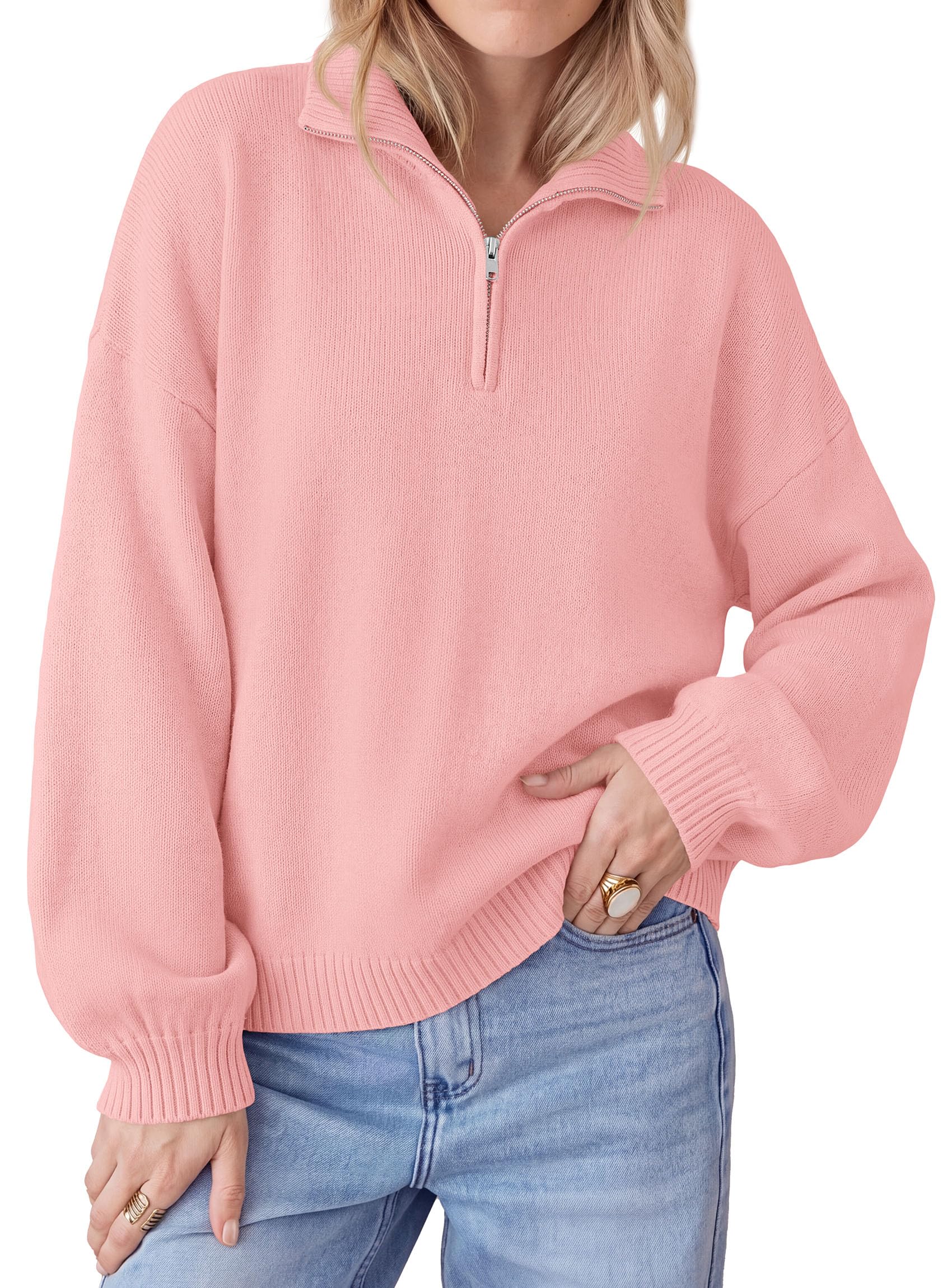 PRETTYGARDEN Women's Quarter Zip Pullover Oversized Sweaters Collared Neck, Long Balloon Sleeve, Jumper Tops, Soft Cozy Knit, Ribbed Hem, Loose Fit, Fall Outfits, Winter Fashion Clothing