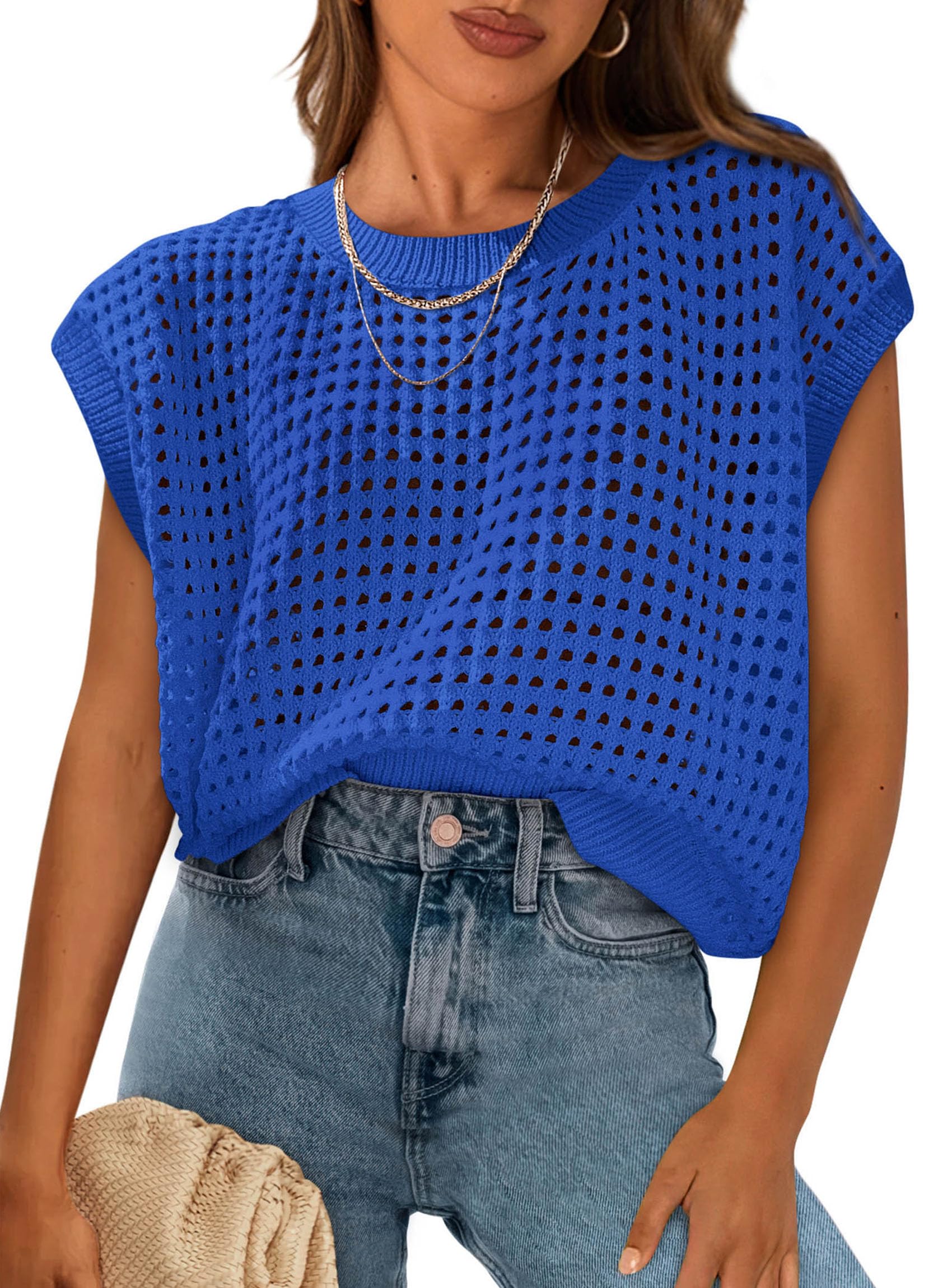 PRETTYGARDEN Womens Spring Tops Summer Shirts Crochet Cap Sleeve Sweater Pullover Cute Beach Vacation Clothes