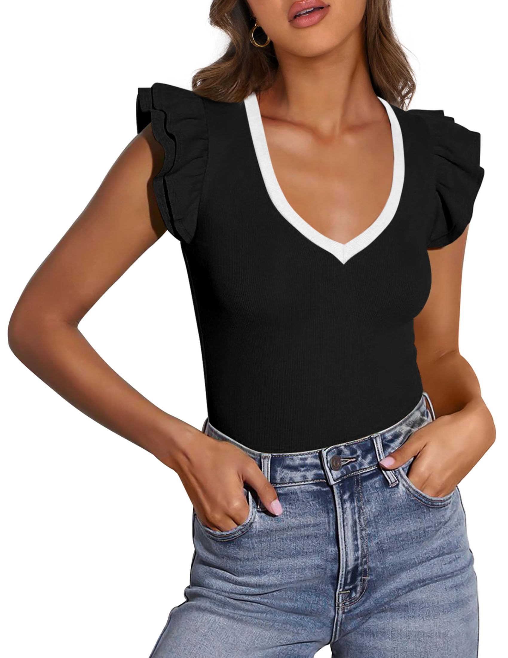 PRETTYGARDEN Womens V Neck Summer Tops Ruffle Sleeveless Slim Fit T Shirts Going Out Casual Blouses