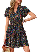 PRETTYGARDEN Womens Summer Floral Mini Dress  Trendy Ruffle Short Sleeve V Neck Flowy A Line Short Beach Dresses