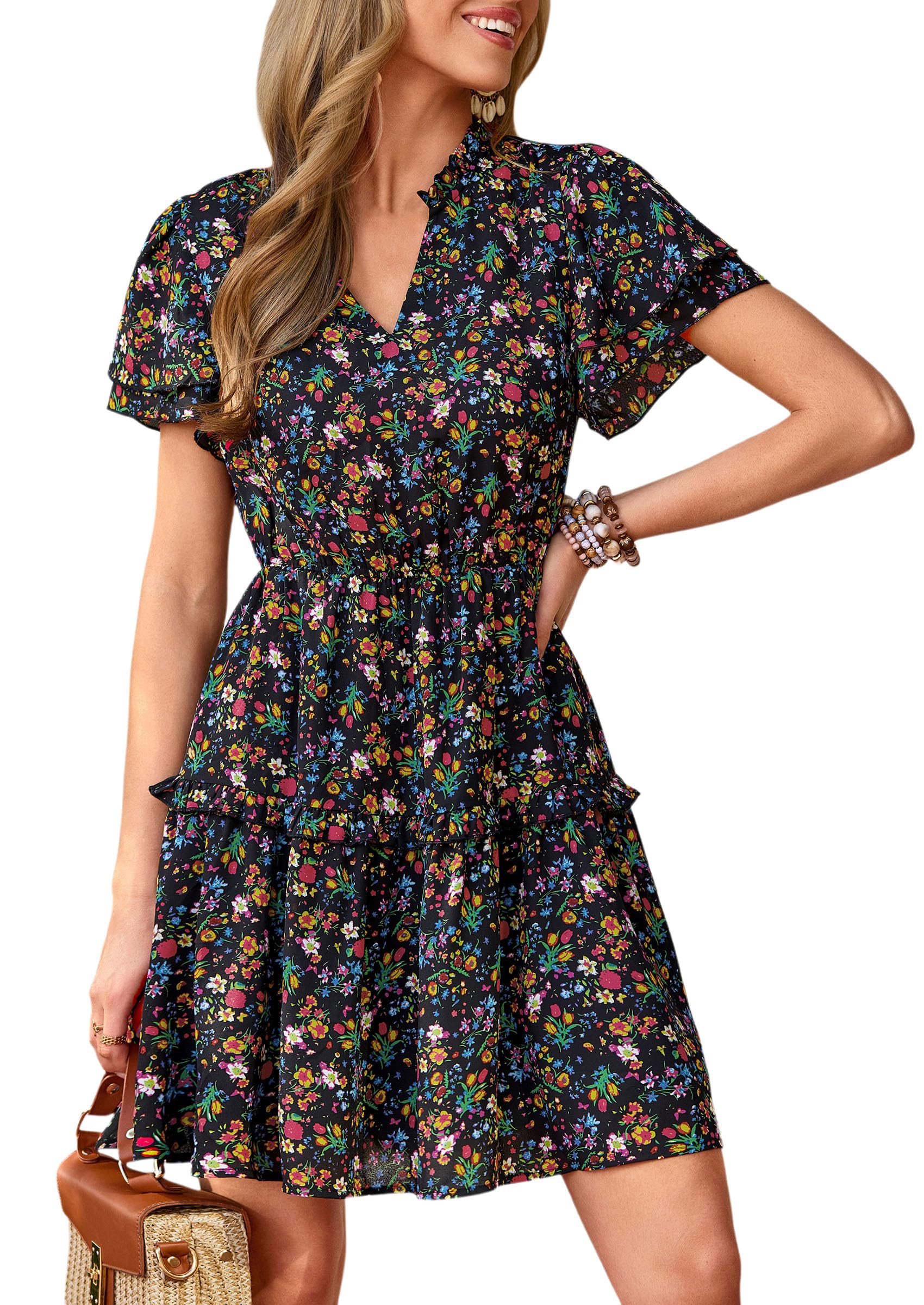 PRETTYGARDEN Womens Summer Floral Mini Dress  Trendy Ruffle Short Sleeve V Neck Flowy A Line Short Beach Dresses
