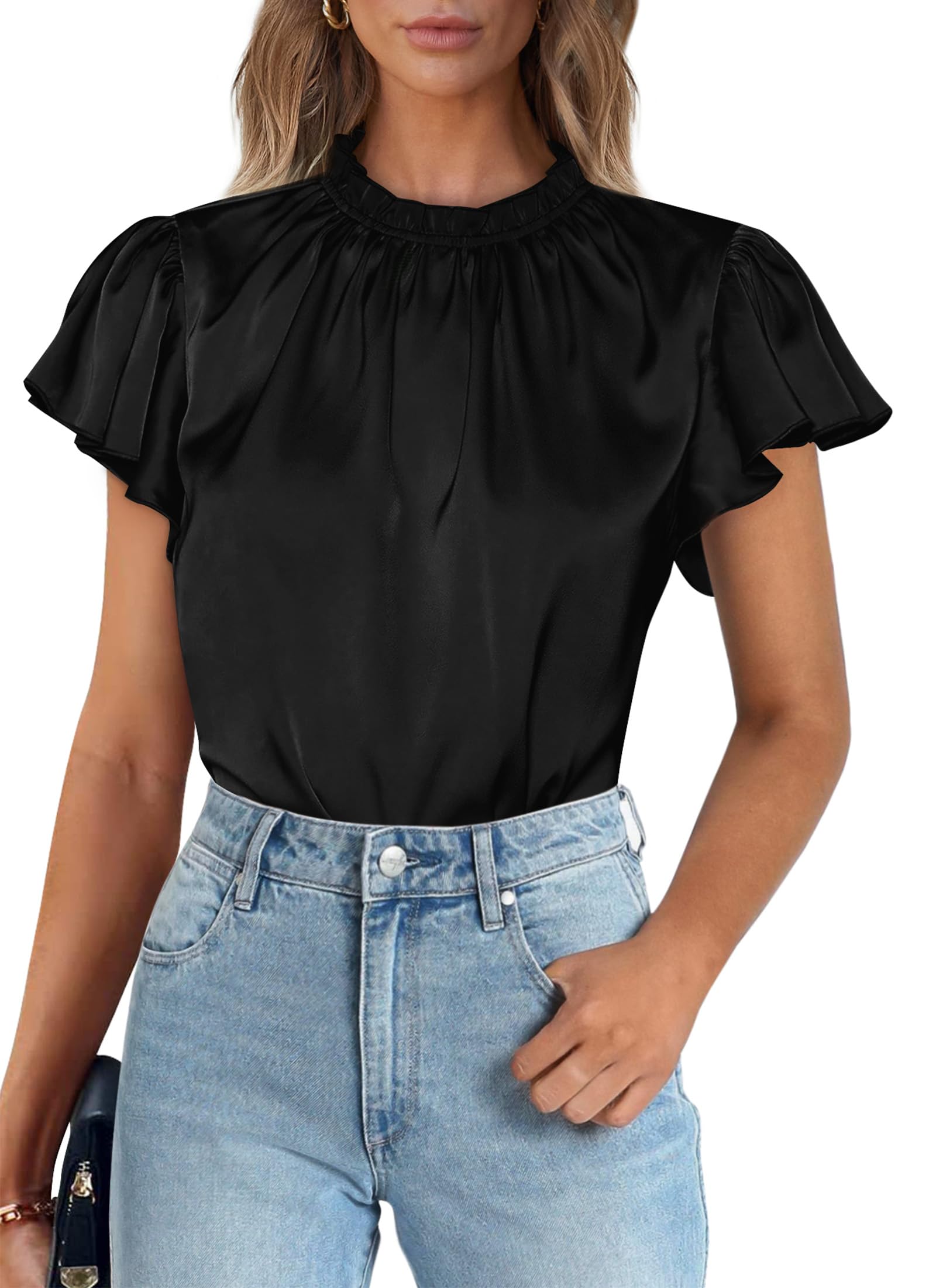 PRETTYGARDEN Business Casual Tops for Women Blouses Dressy  Summer Short Sleeve Ruffle Satin Work Office Attire