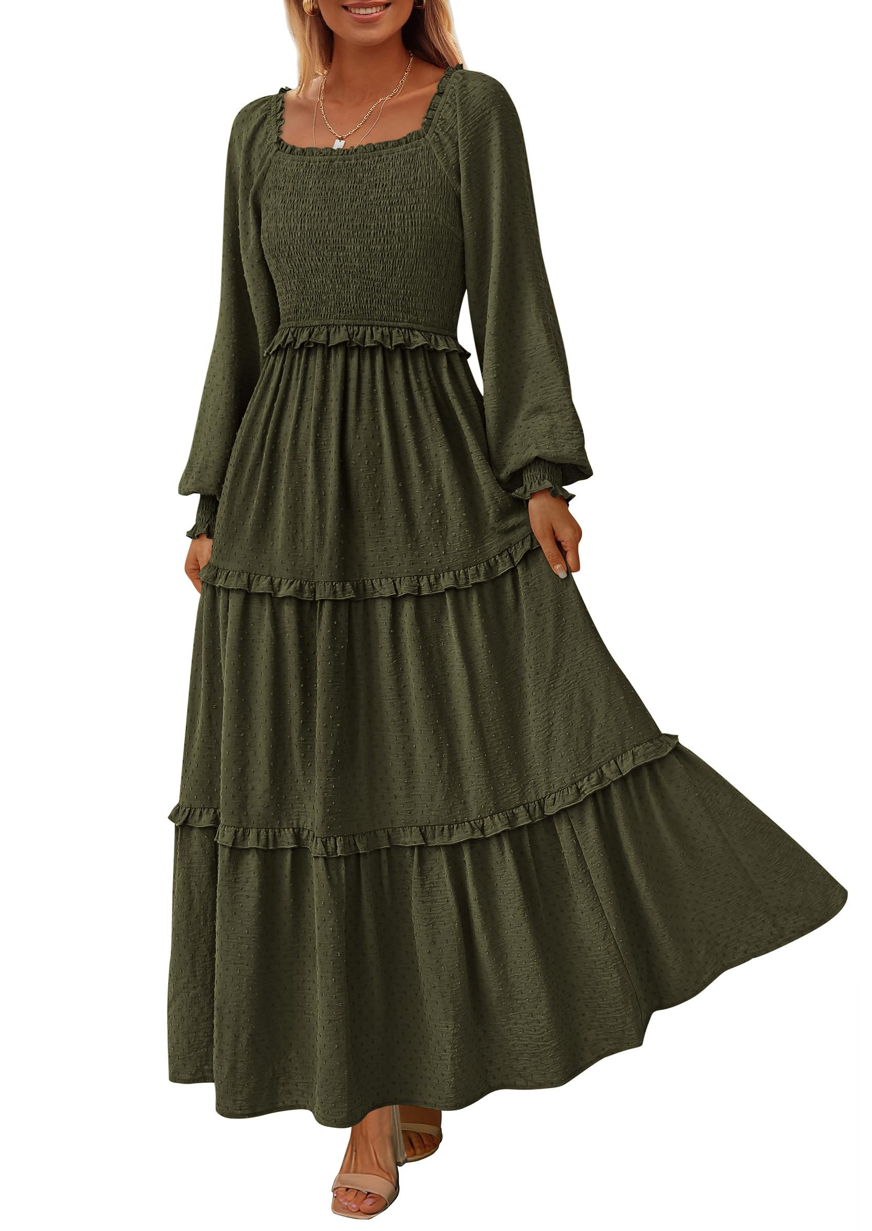 PRETTYGARDEN Fall Dresses for Women Long Sleeve Smocked Square Neck Swiss Dot Tiered Flowy Wedding Guest Maxi Dress