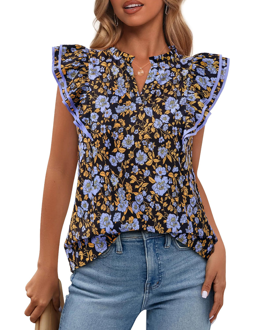 BTFBM Womens Tops Dressy Casual Spring Summer Shirts Boho Floral V Neck Ruffle Cap Sleeve Business Work Blouses
