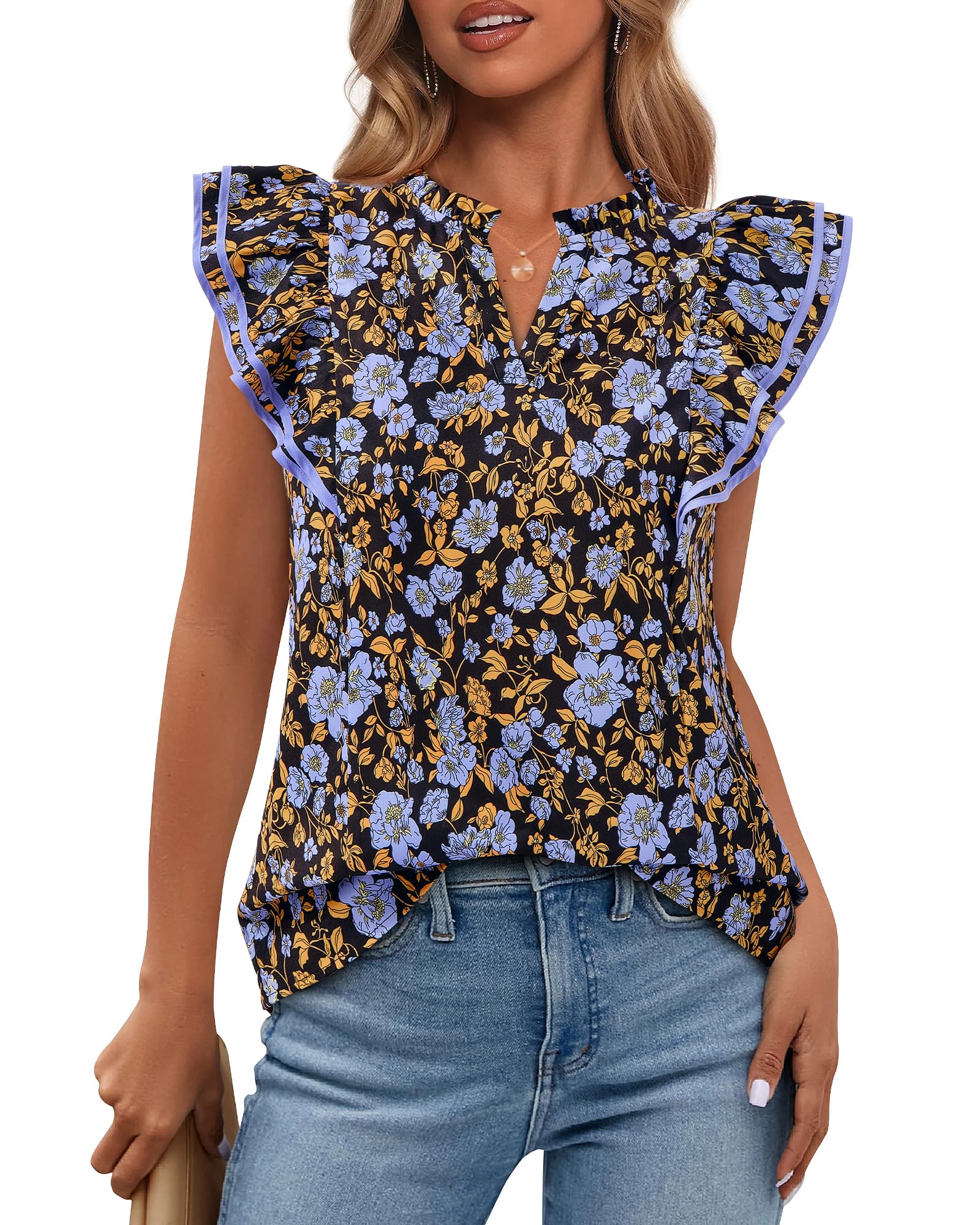 BTFBM Womens Tops Dressy Casual Spring Summer Shirts Boho Floral V Neck Ruffle Cap Sleeve Business Work Blouses