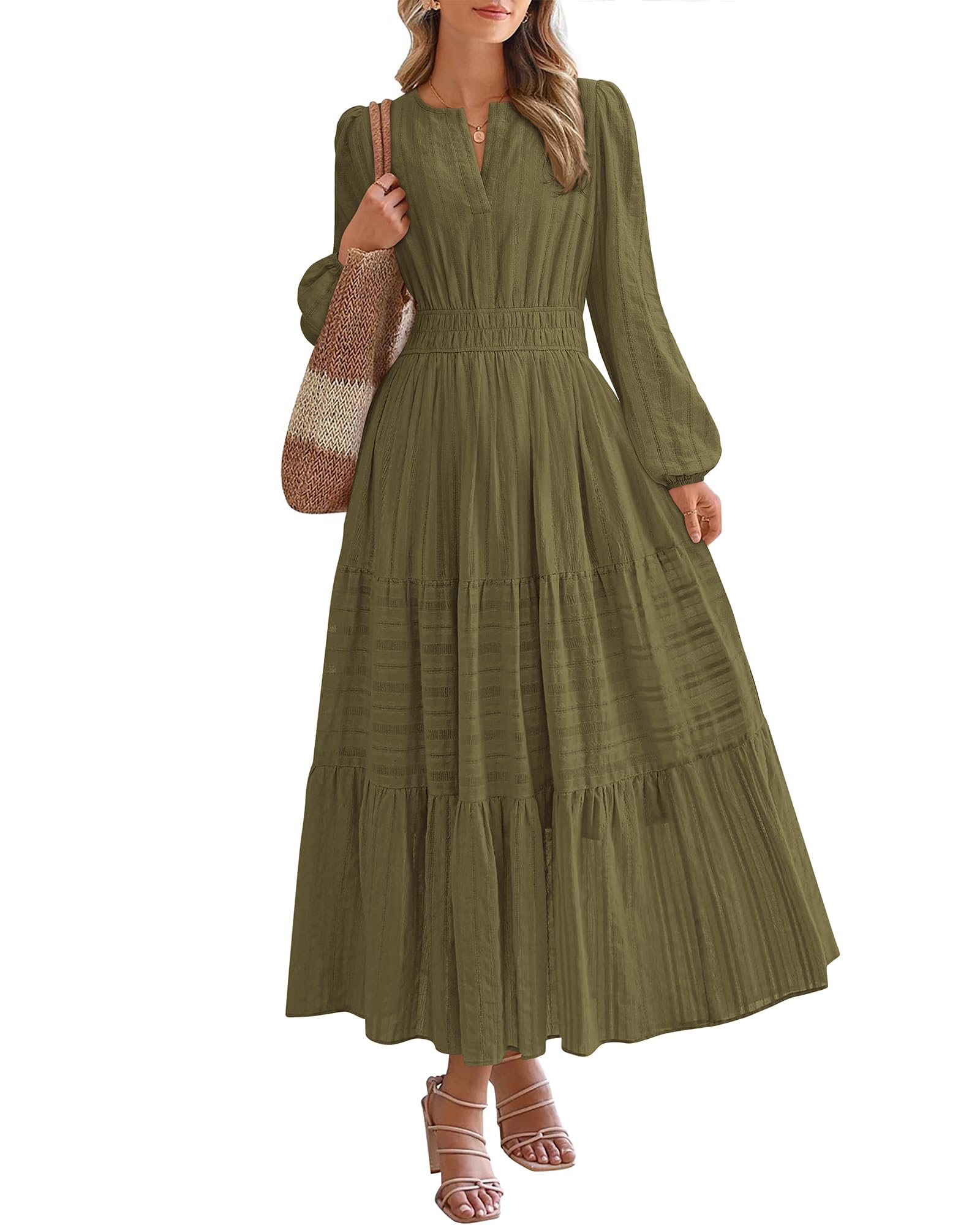 BTFBM Spring Dresses for Women 2026 Casual Long Sleeve V Neck Elastic Waist Lightweight Maxi Wedding Guest Dress Pockets