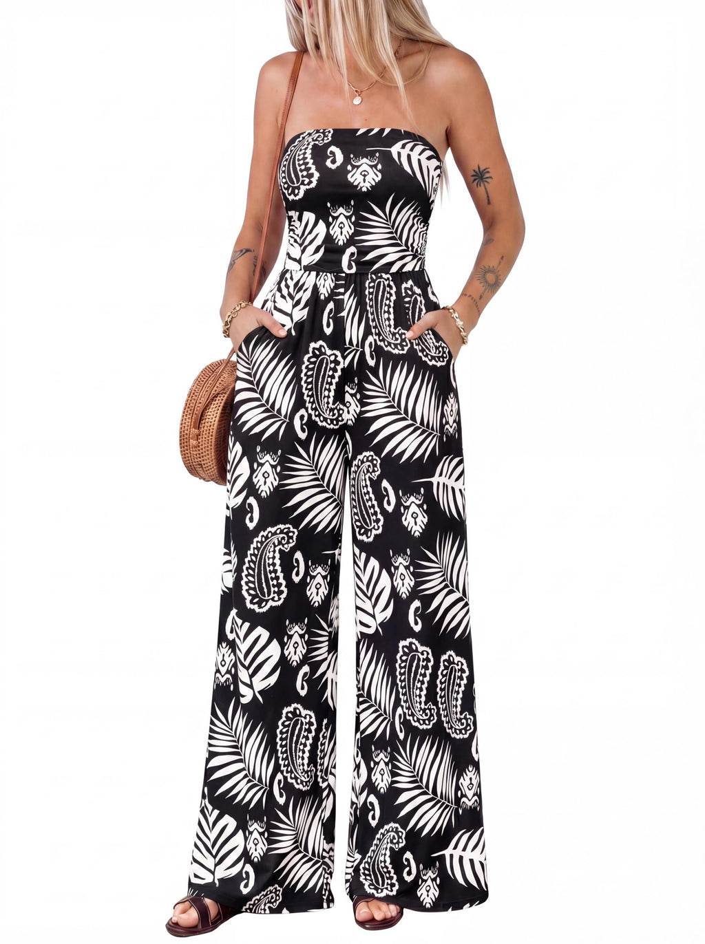 BTFBM Jumpsuits For Women Casual Floral Strapless Jumpsuit Wide Leg Rompers Beach Vacation Clothes Summer Outfits