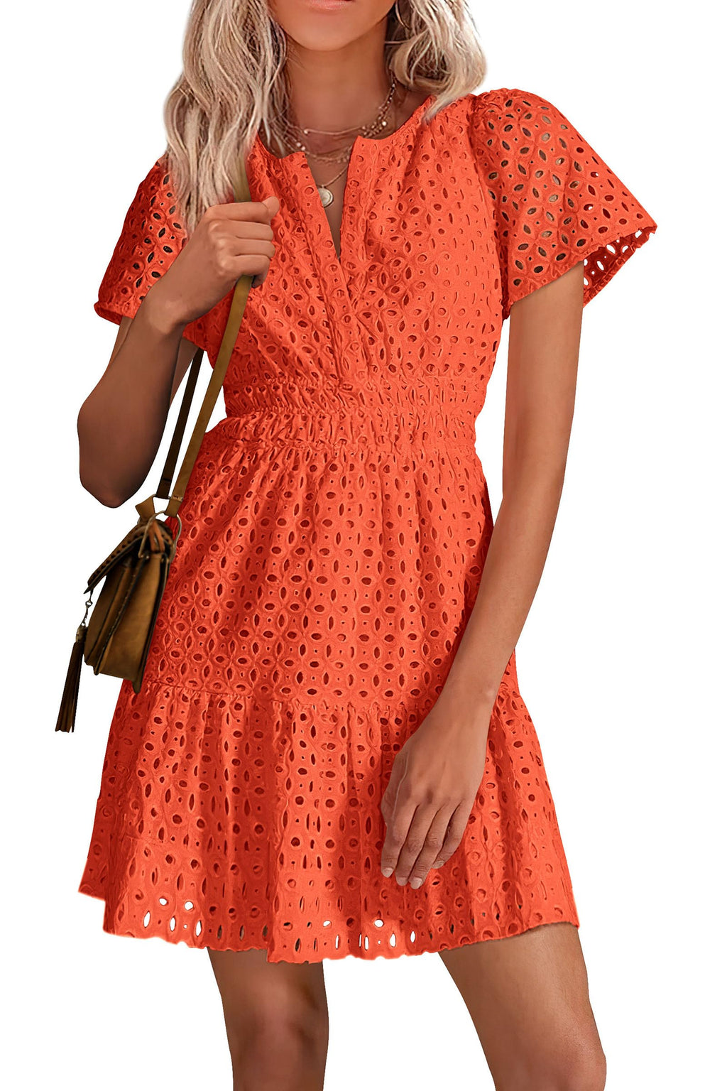 PRETTYGARDEN Womens Summer Short Dress V Neck Short Sleeve A Line Hollow Out Lace Ruffle Cute Casual Beach Party Dresses