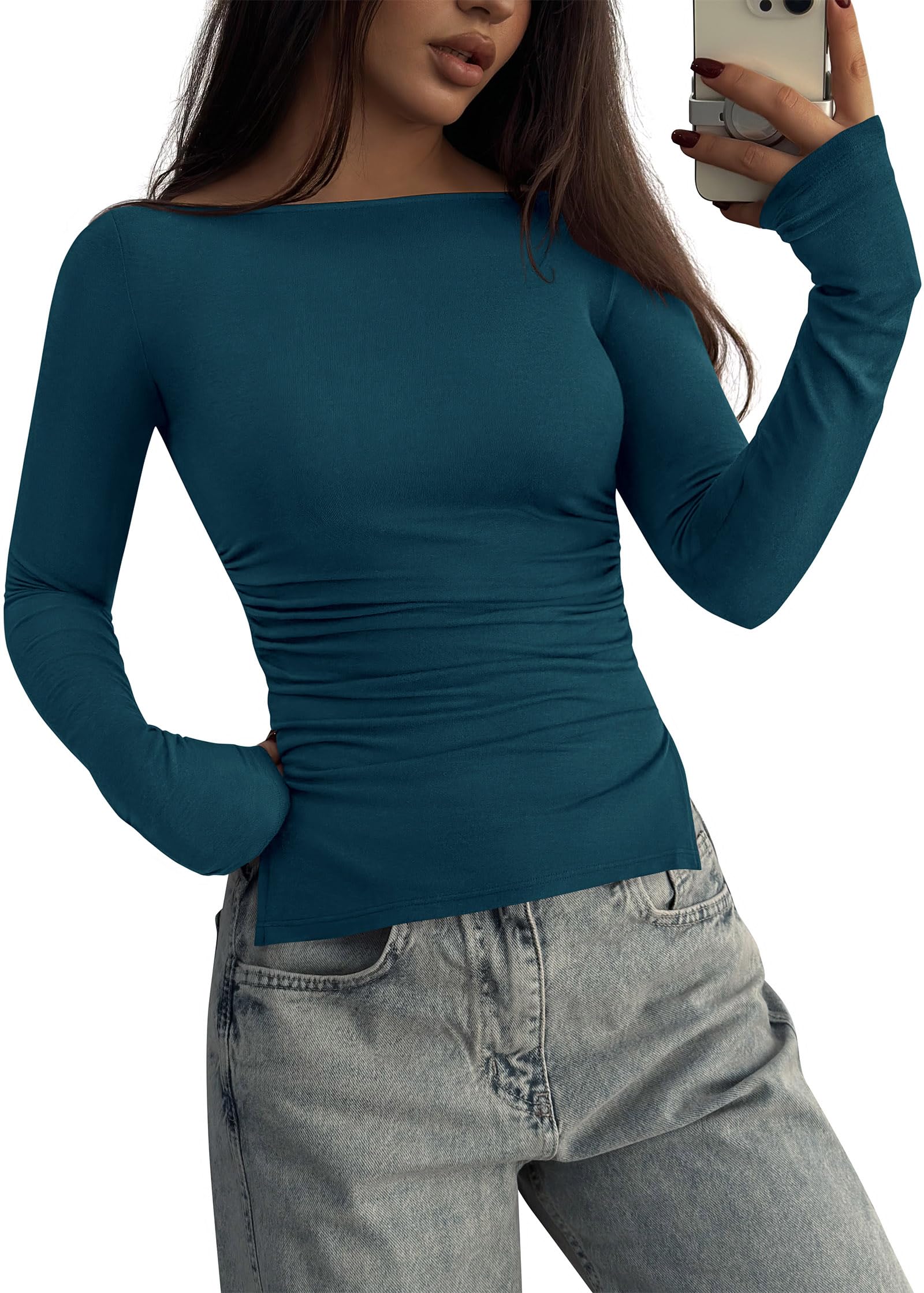 FreshPretty Long Sleeve Shirts for Women Fall Casual Boat Neck Knit Workout Going Out Tops Fitted Side Slit Basic Tees