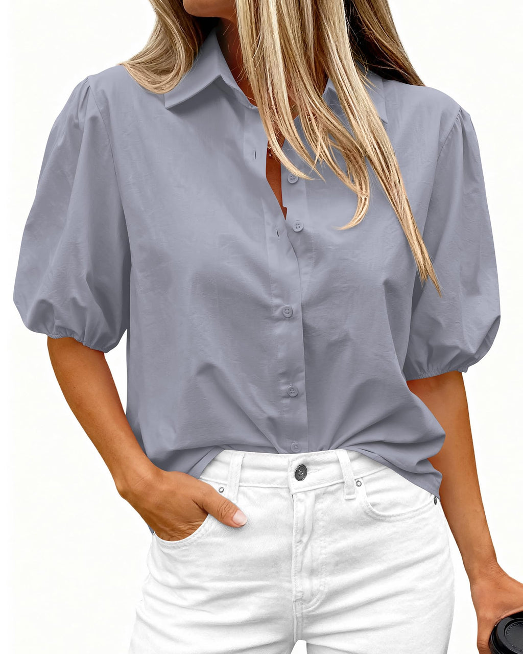 BTFBM Women's Button Down Shirts Short Puff Sleeve Collared V Nec Summer Tops Dressy Casual Work Business Blouses