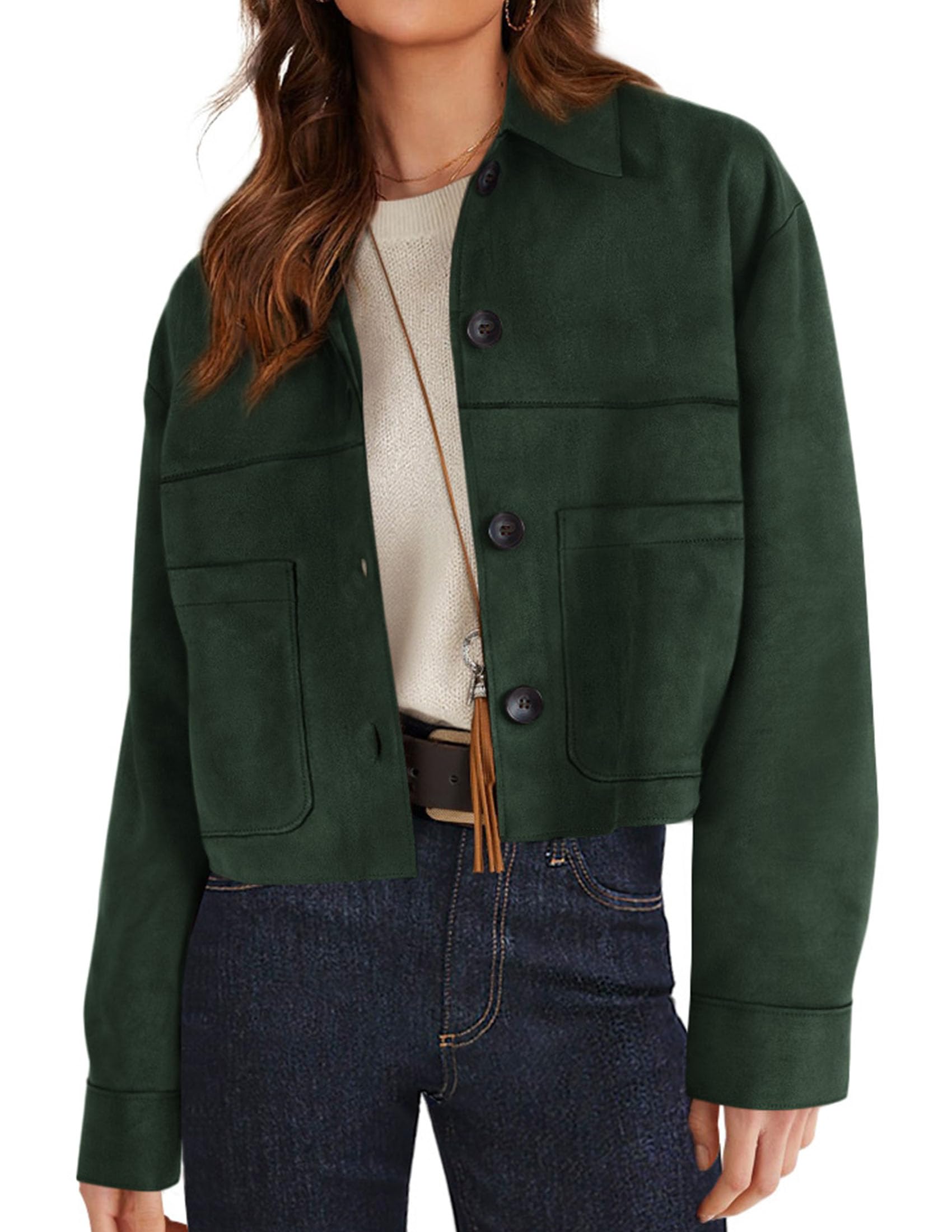 PRETTYGARDEN Women's Faux Suede Cropped Jacket Casual Lightweight Fall Fashion Winter Coats Outerwear Trendy Clothes