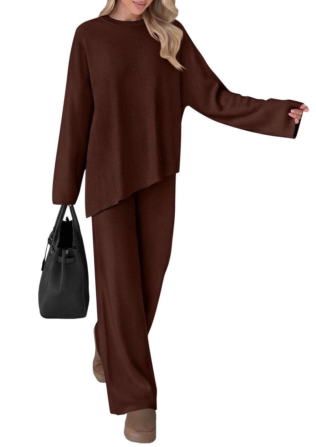 PRETTYGARDEN Womens Fall 2 Piece Asymmetric Cozy Sweater Travel Lounge Sets Crewneck Drop Shoulder Tops, Wide Leg Pants, Soft Casual Knit Matching Set,Vacation Airport Holiday Outfits