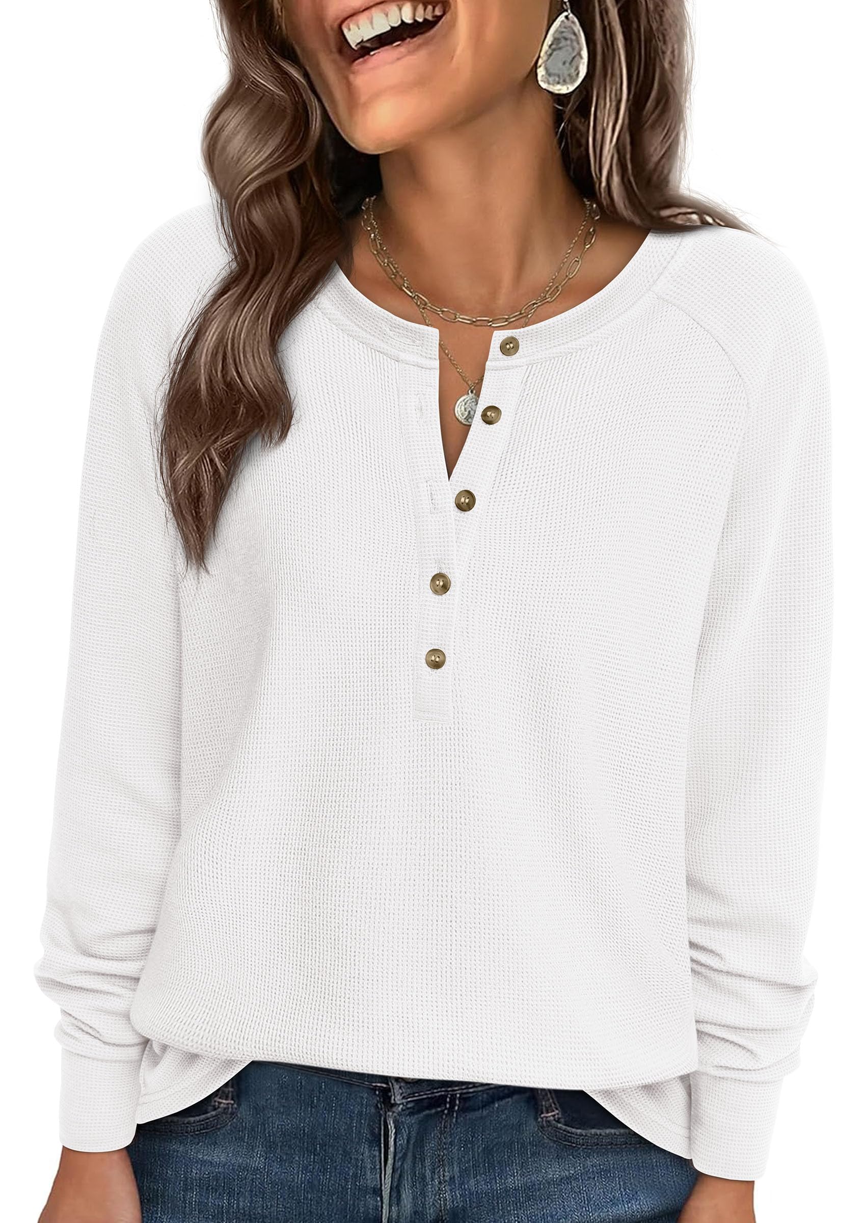 PRETTYGARDEN Women's Long Sleeve Waffle Knit Shirts Fall Casual Button Up Henley V Neck Tunic Tops Loose Fit Basic Tees