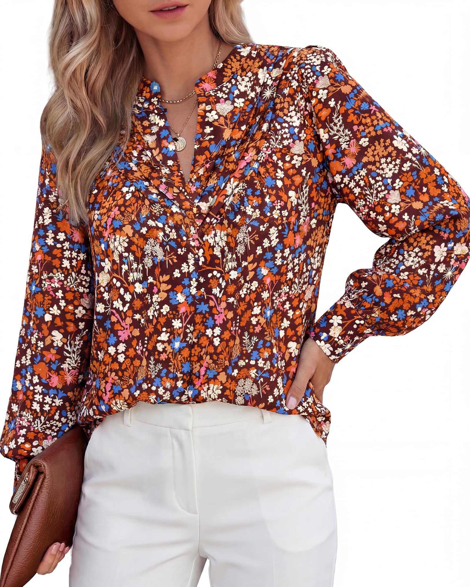 BTFBM Womens Tops Dressy Casual Spring Boho Floral V Neck Long Sleeve Half Button Down Shirt Work Business Blouses