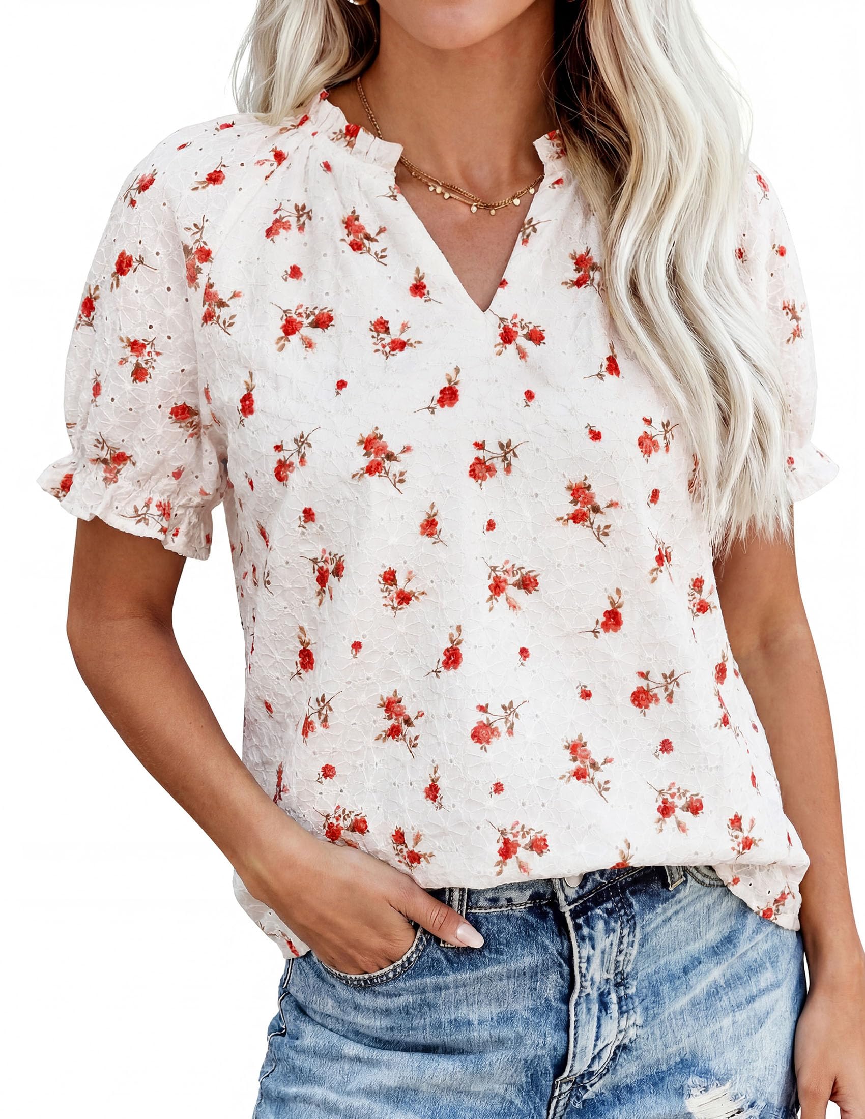 PRETTYGARDEN Summer Short Sleeve V Neck Shirts for Women Trendy Floral Print Loose Ruffle Tops Business Casual Blouses