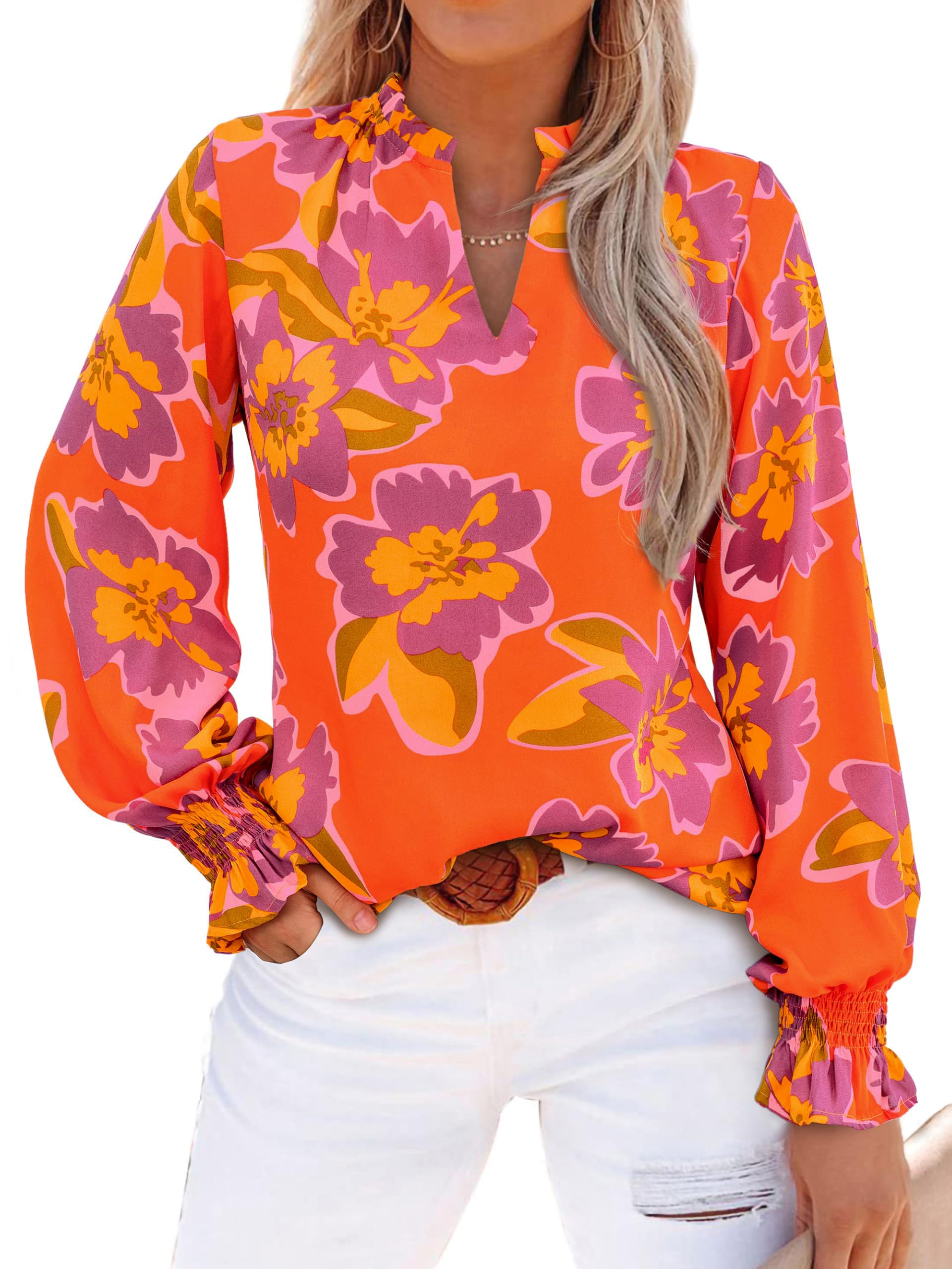 FreshPretty Womens V Neck Floral Long Sleeve Tops Summer Casual Loose Puff Sleeve Chiffon Boho Work Blouse Dressy T Shirts