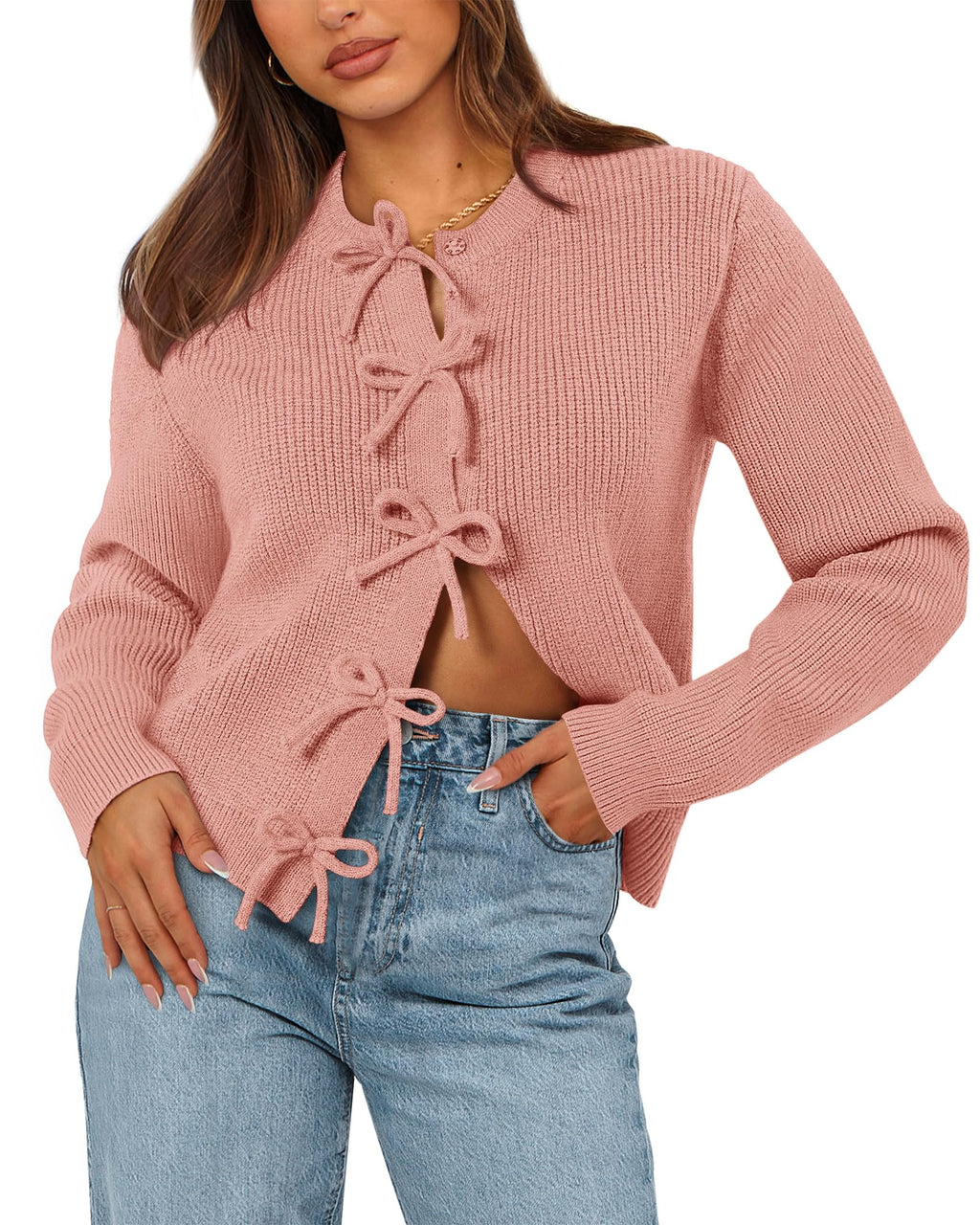 BTFBM Bow Cropped Cardigan Sweaters for Women Fall Winter Open Front Sweater Long Sleeve Button Fashion Spring Clothes