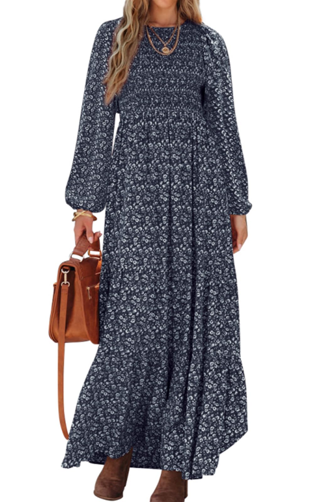 PRETTYGARDEN Women's Fall Dresses Long Sleeve Flowy Casual Floral Maxi Dress Crew Neck Smocked Tiered Long Dress