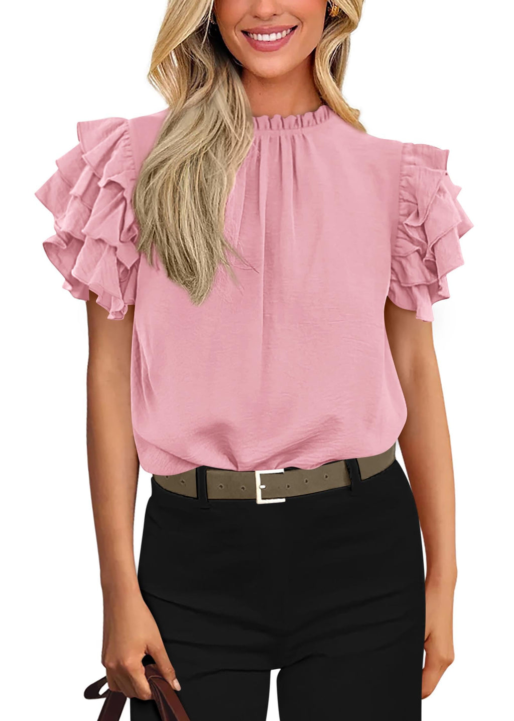 FreshPretty Blouses for Women Dressy Casual Spring Summer Ruffle Short Sleeve Mock Neck Work Shirts Tops Fashion Clothing
