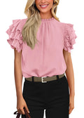 FreshPretty Blouses for Women Dressy Casual Spring Summer Ruffle Short Sleeve Mock Neck Work Shirts Tops Fashion Clothing