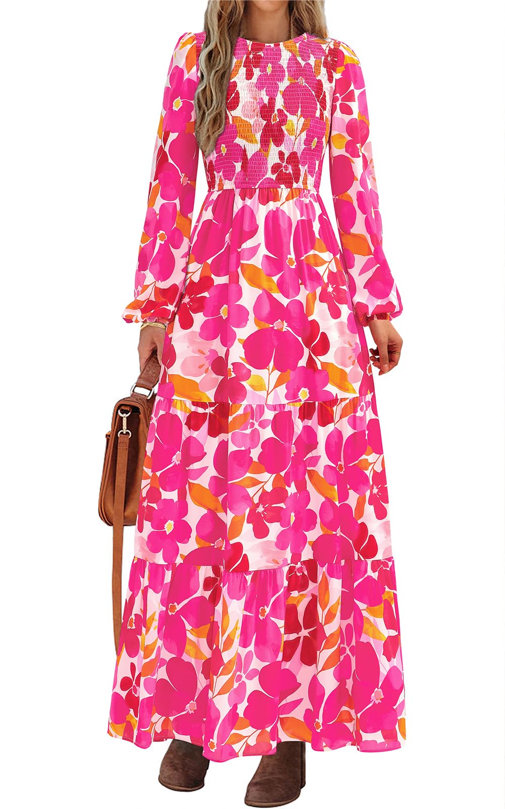 PRETTYGARDEN Women's Fall Dresses Long Sleeve Flowy Casual Floral Maxi Dress Crew Neck Smocked Tiered Long Dress